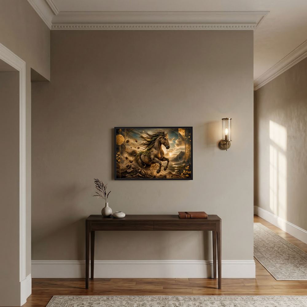Querformat-Poster mit wildem Pferd in goldener Berglandschaft
