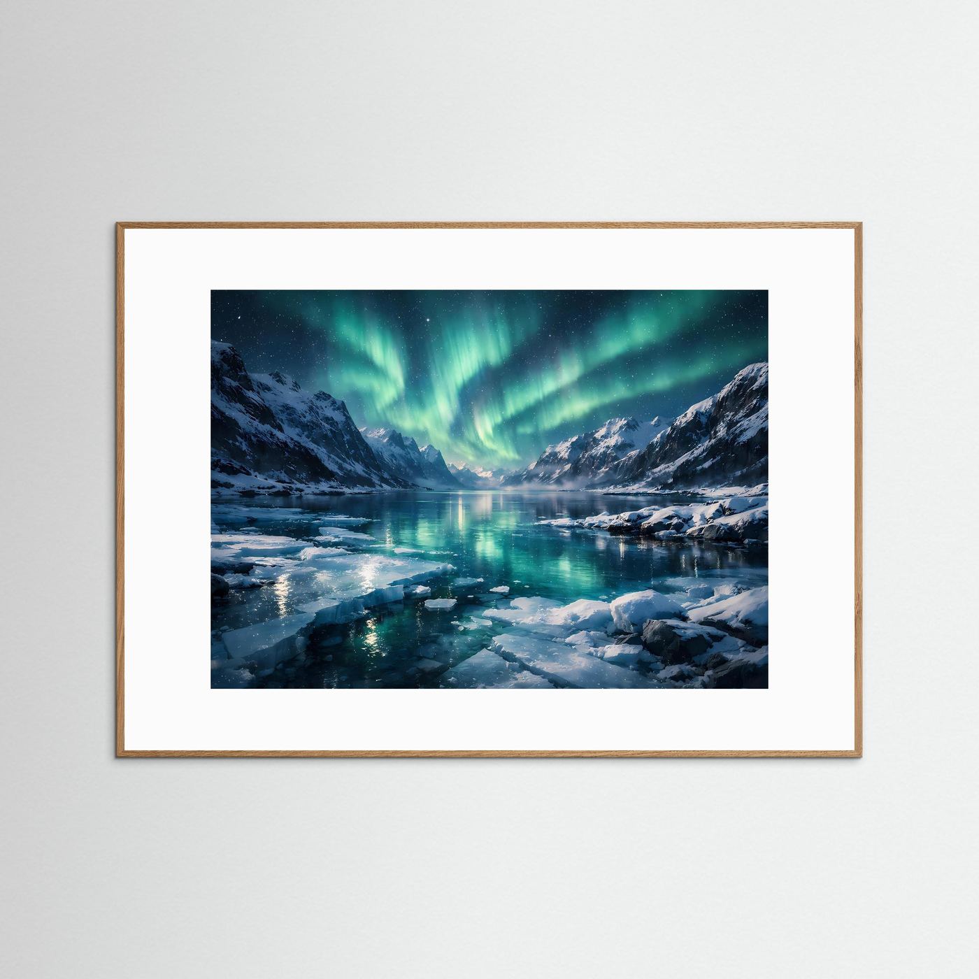 Magische Polarlichter über verschneitem Fjord | Nordlichter Panorama Wandbild & Kunst Poster Querformat