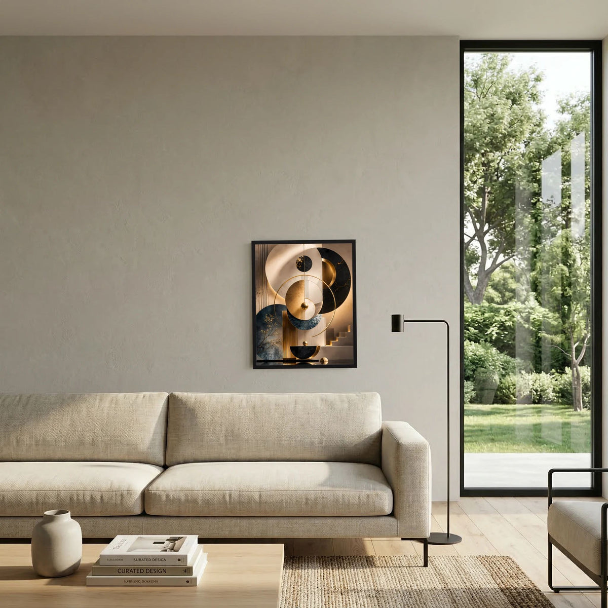 Gerahmtes abstraktes Poster mit goldenen Kreisformen in Schwarz, Beige und Petrol