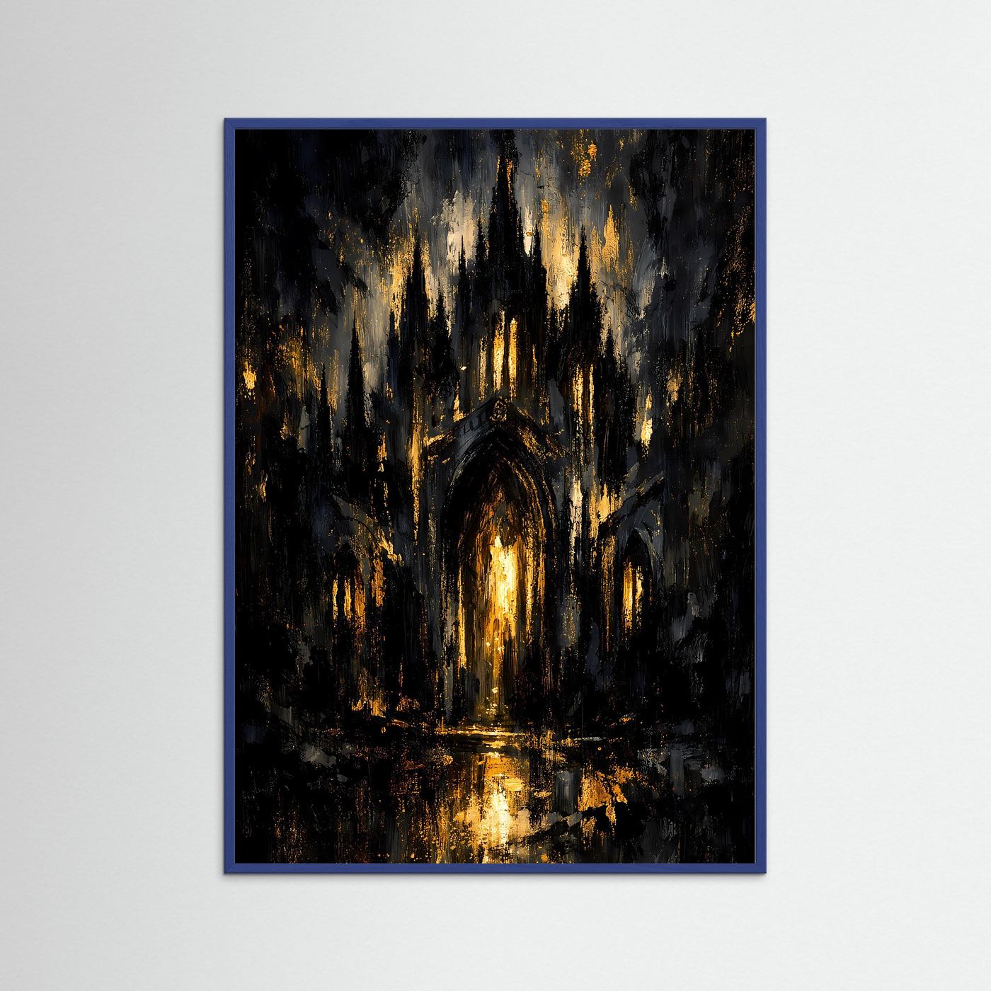 Kathedralenposter im Hochformat in blauem Holzrahmen: goldene Lichter und Torbogen