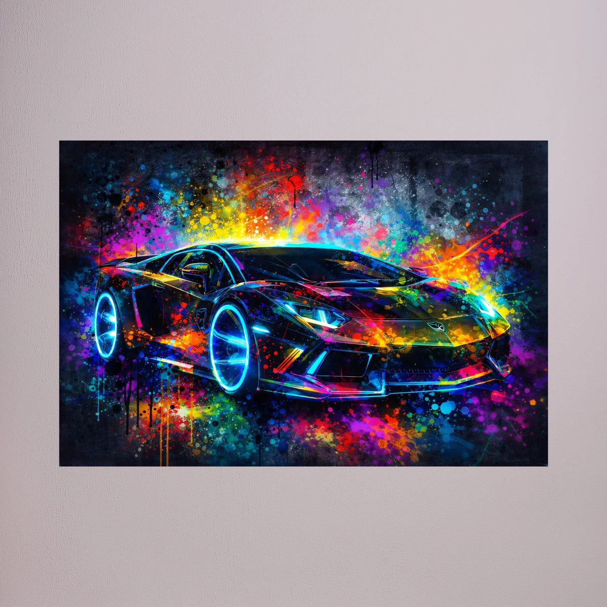 Neonfarbenes Querformat-Poster mit abstraktem Supercar und Farbspritz-Effekt