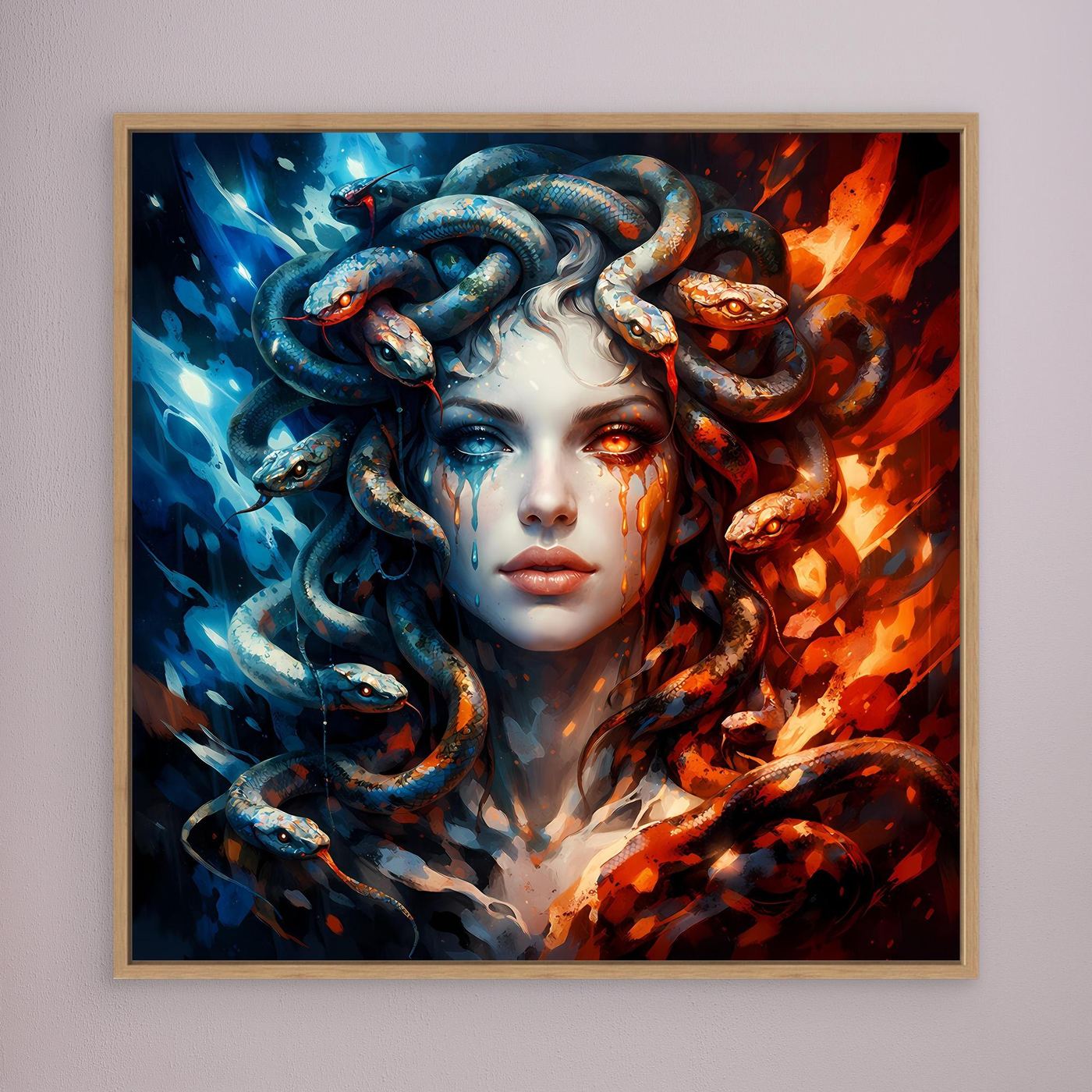 Leinwand Mystische Medusa im Feuer- und Eis-Kontrast | Modernes Fantasy Wandbild
