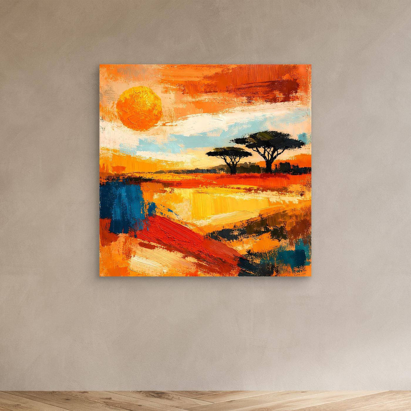 Small abstract landscape canvas with orange sunset colors and dark acacia tree silhouettes.