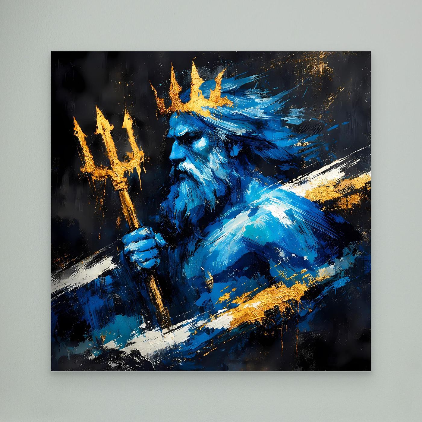 Leinwand Poseidon Gott des Meeres | Abstraktes Mythologie Wandbild Blau Gold