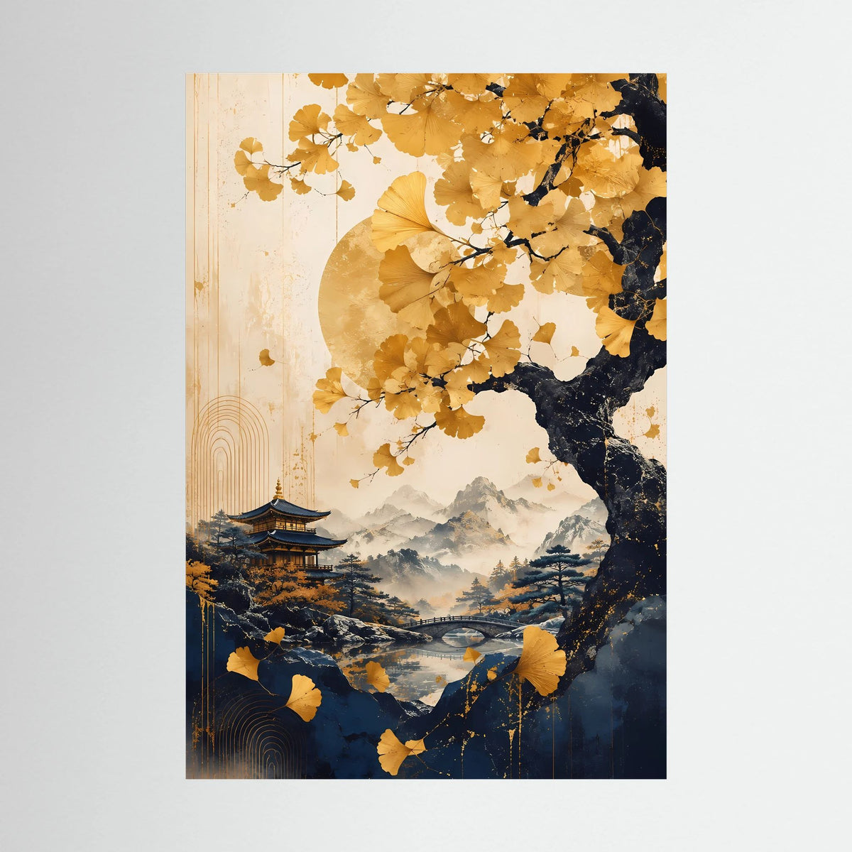 Hochformat-Poster: goldgelber Ginkgobaum, Pagode, Berge und Flusslandschaft