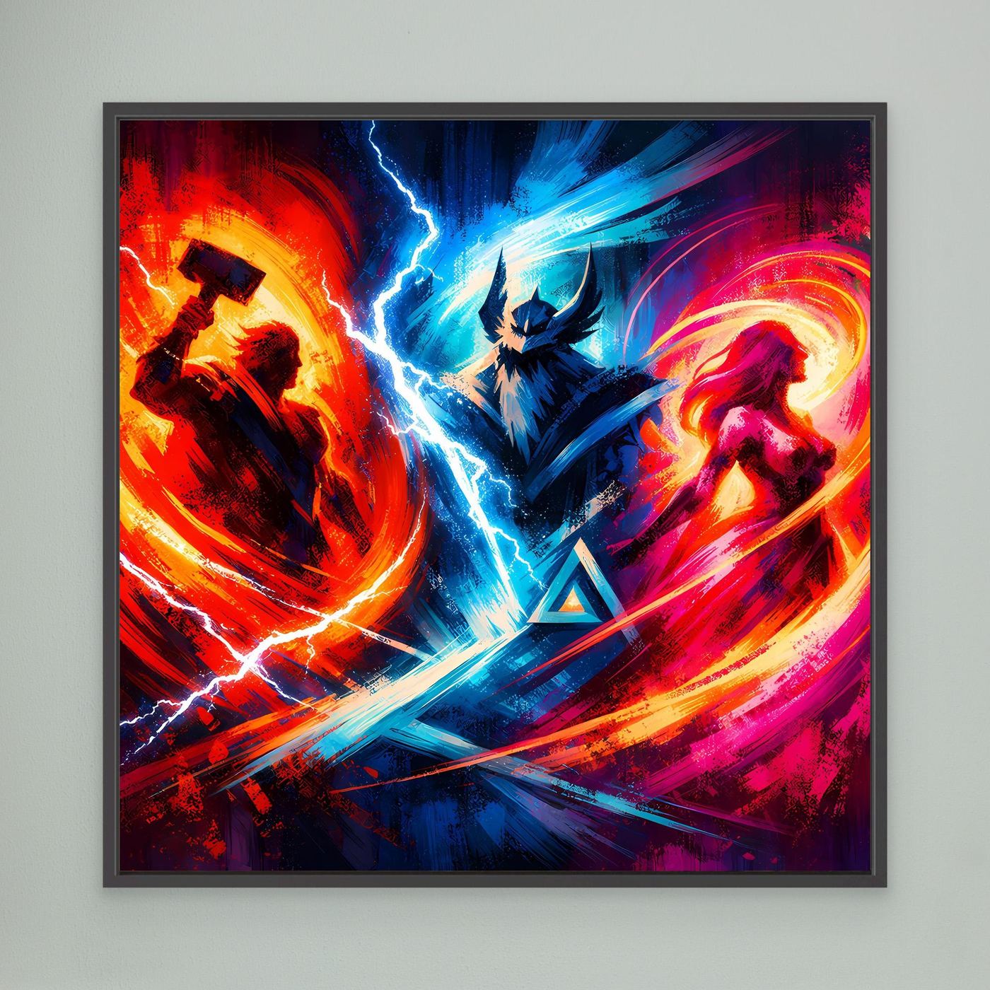 Neon-Fantasy-Leinwandbild mit schwarzem Rahmen: blaue Blitz- und rote Wirbelgrafik