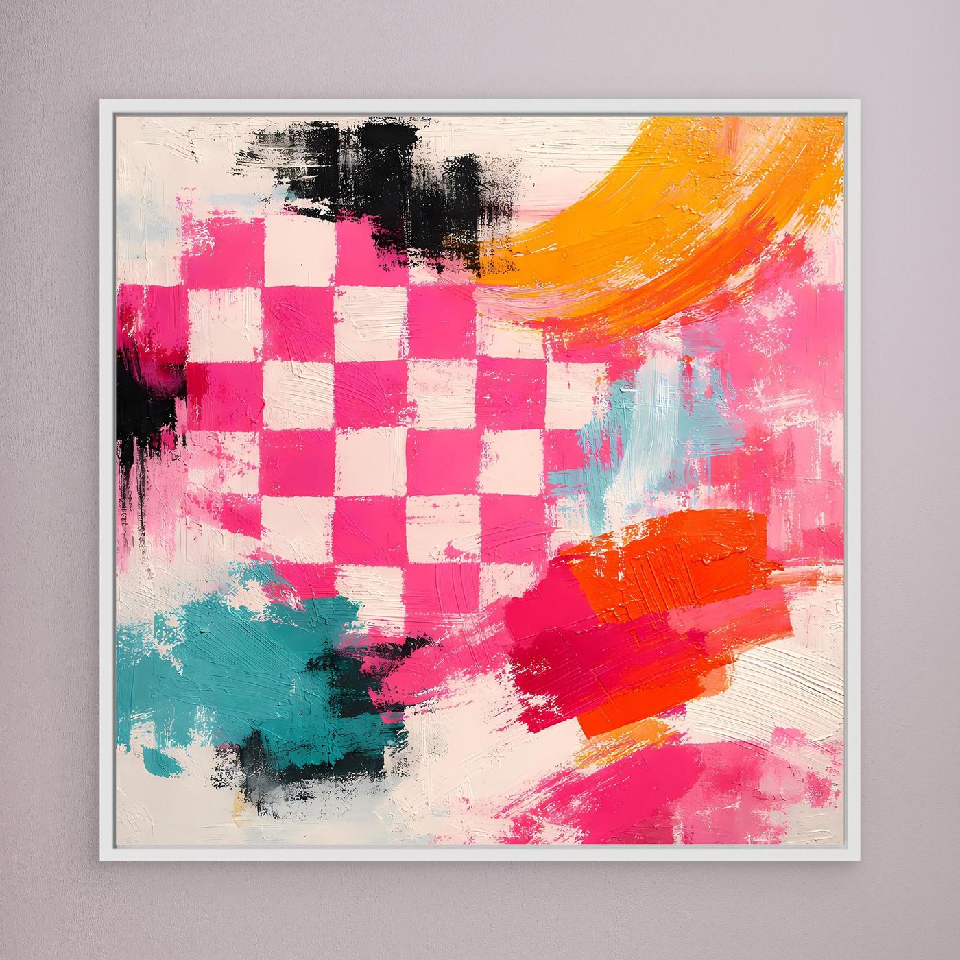 Abstraktes Leinwand-Wandbild mit Schachbrettmuster, pink-gelb-grün, weiß gerahmt.
