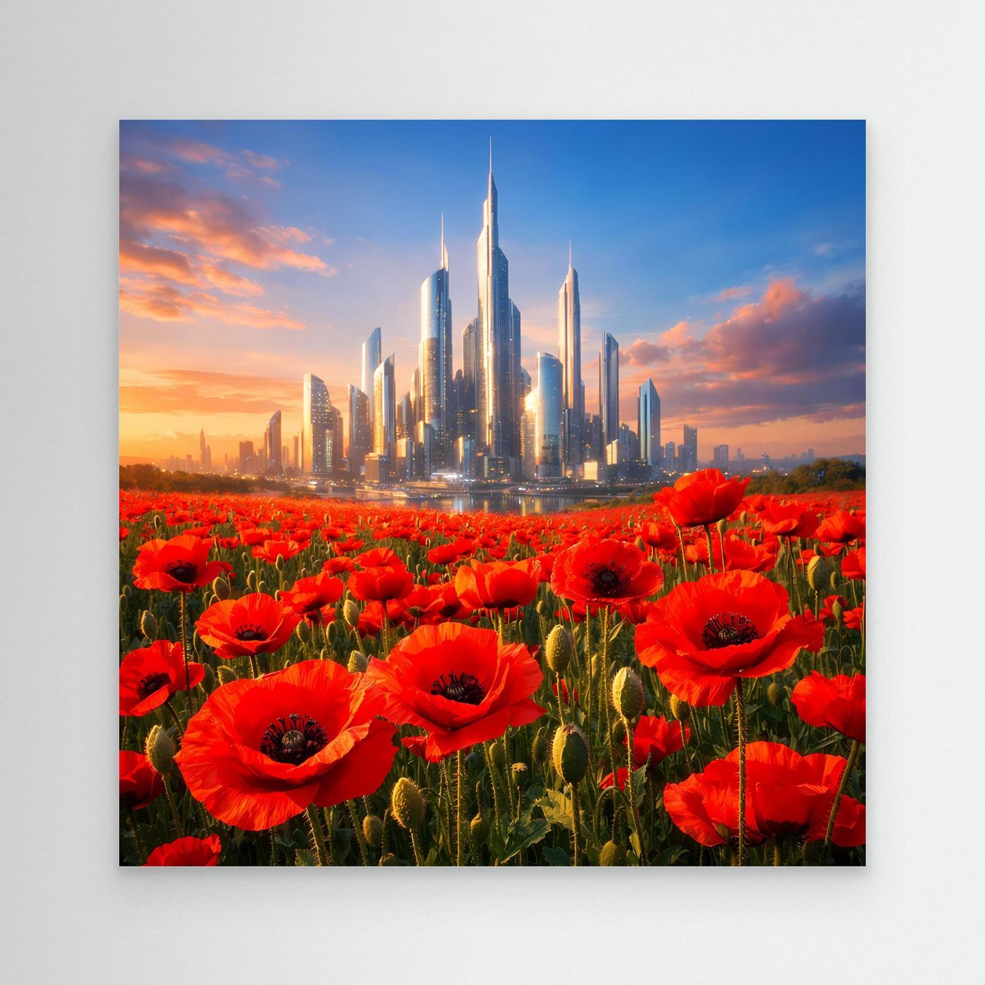 Leinwandbild mit roten Mohnblumen und futuristischer Skyline, ohne sichtbaren Rahmen