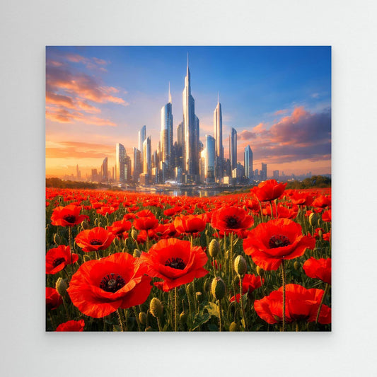 Leinwandbild mit roten Mohnblumen und futuristischer Skyline, ohne sichtbaren Rahmen