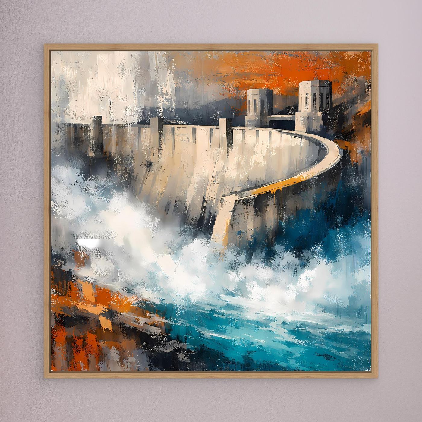 Abstraktes Leinwand-Wandbild mit Holzrahmen, Talsperre in Blau-Orange-Tönen