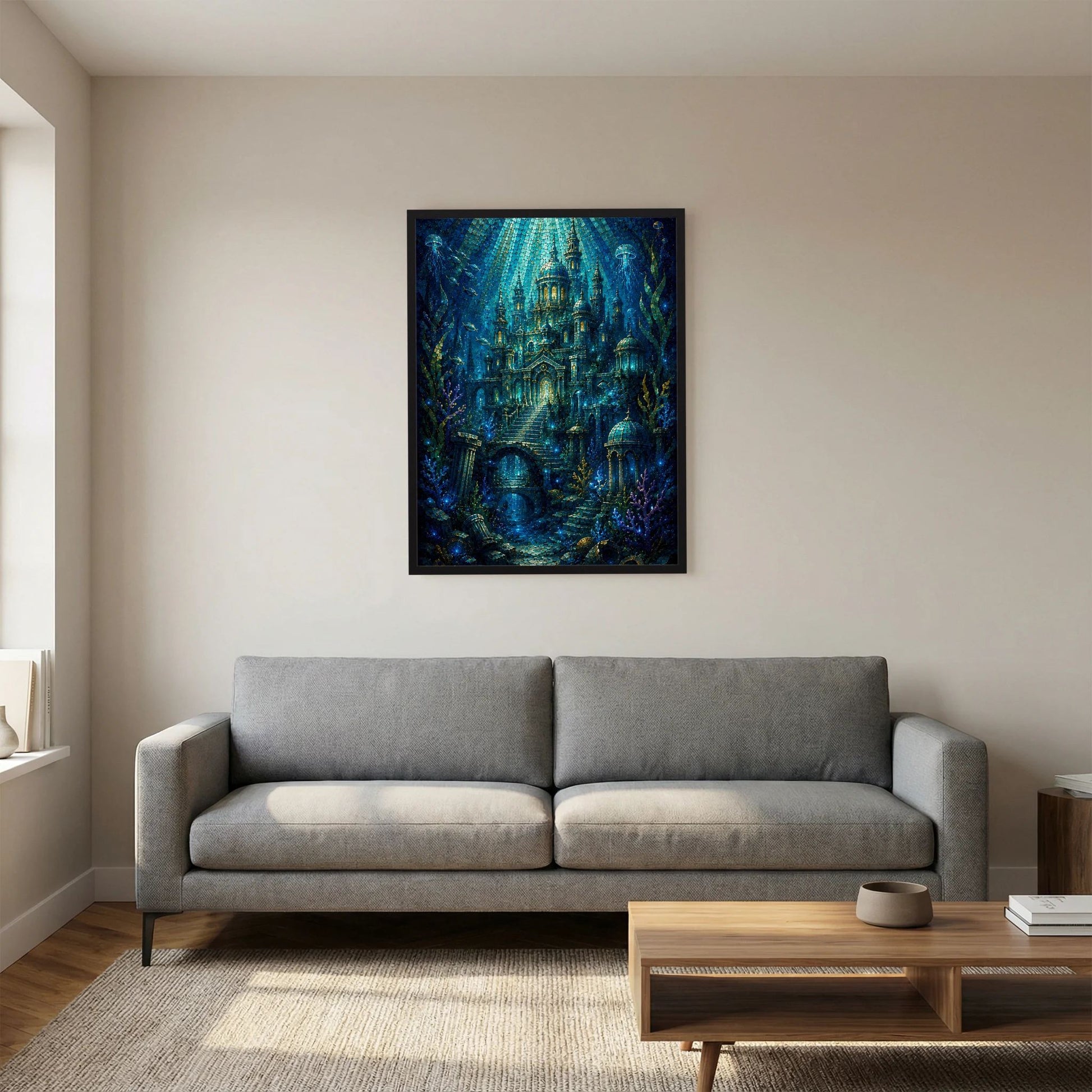 Wandposter im Hochformat mit schwarzem Rahmen über Sofa, Unterwasserstadt in Blau und Gold