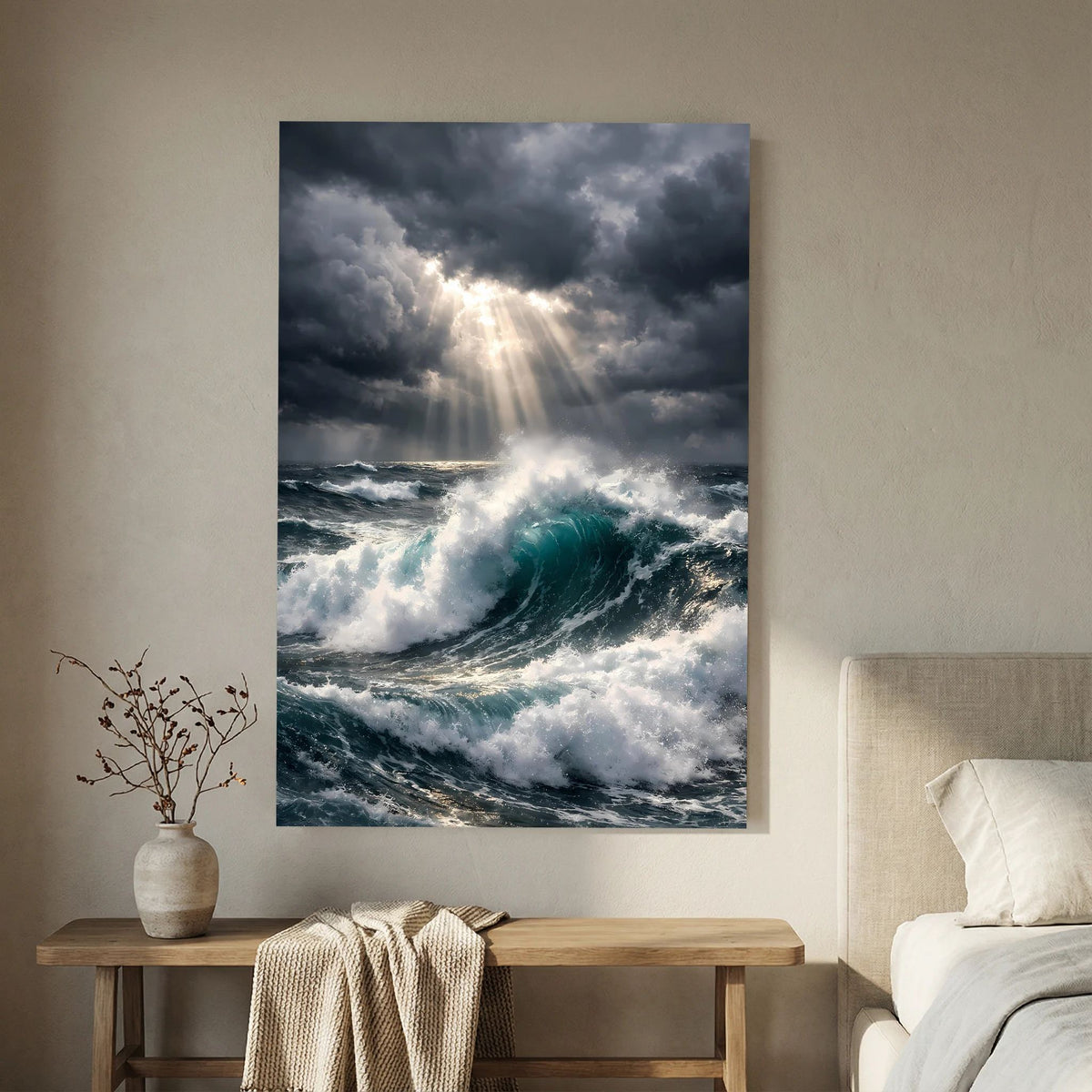 Wandbild mit großen Wellen, hellen Schaumkronen und breitem Lichtstrahl im Gewitterhimmel