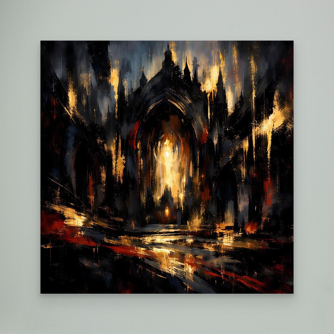 Abstraktes Leinwandbild: gotische Kathedrale, dunkel, goldene Flammenlinien am Eingang.