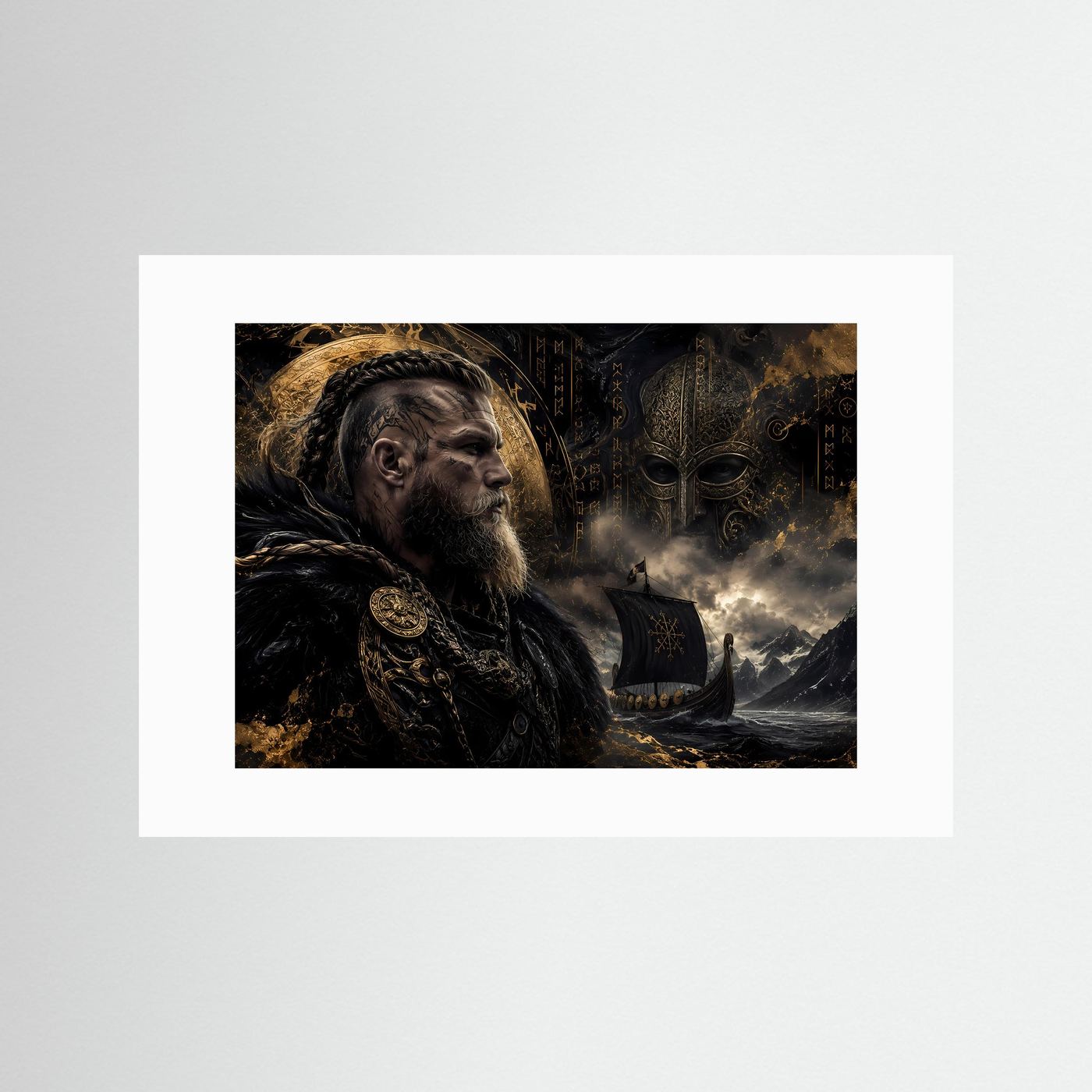 Epischer Wikinger-Krieger auf hoher See | Nordische Mythologie & Drachenschiff Poster Querformat