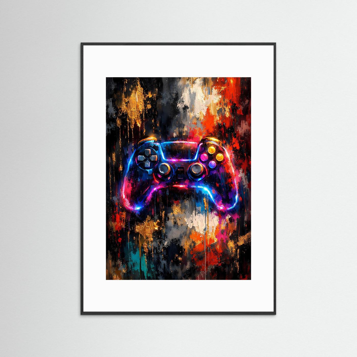 Gaming-Poster mit Controller-Illustration in Neonfarben, mit weißem Rand und schwarzem Rahmen
