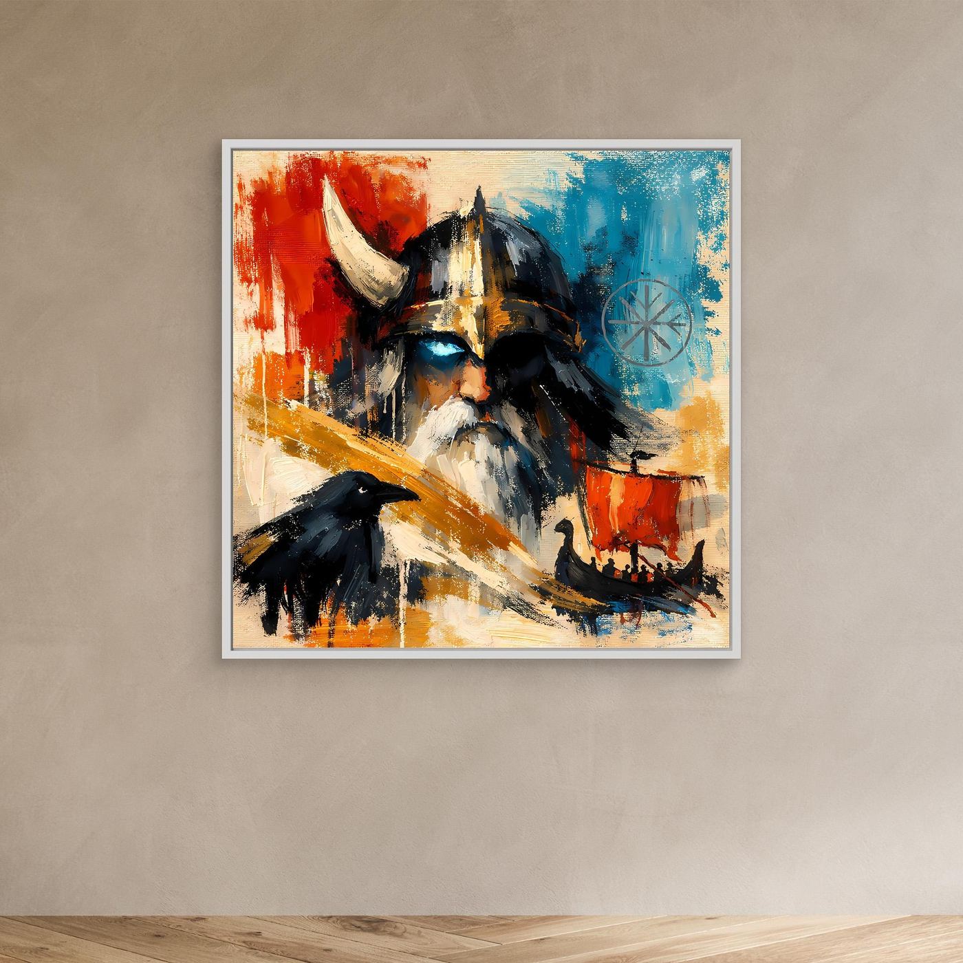 Framed Nordic wall art with a Viking warrior and raven, red and blue abstract strokes.