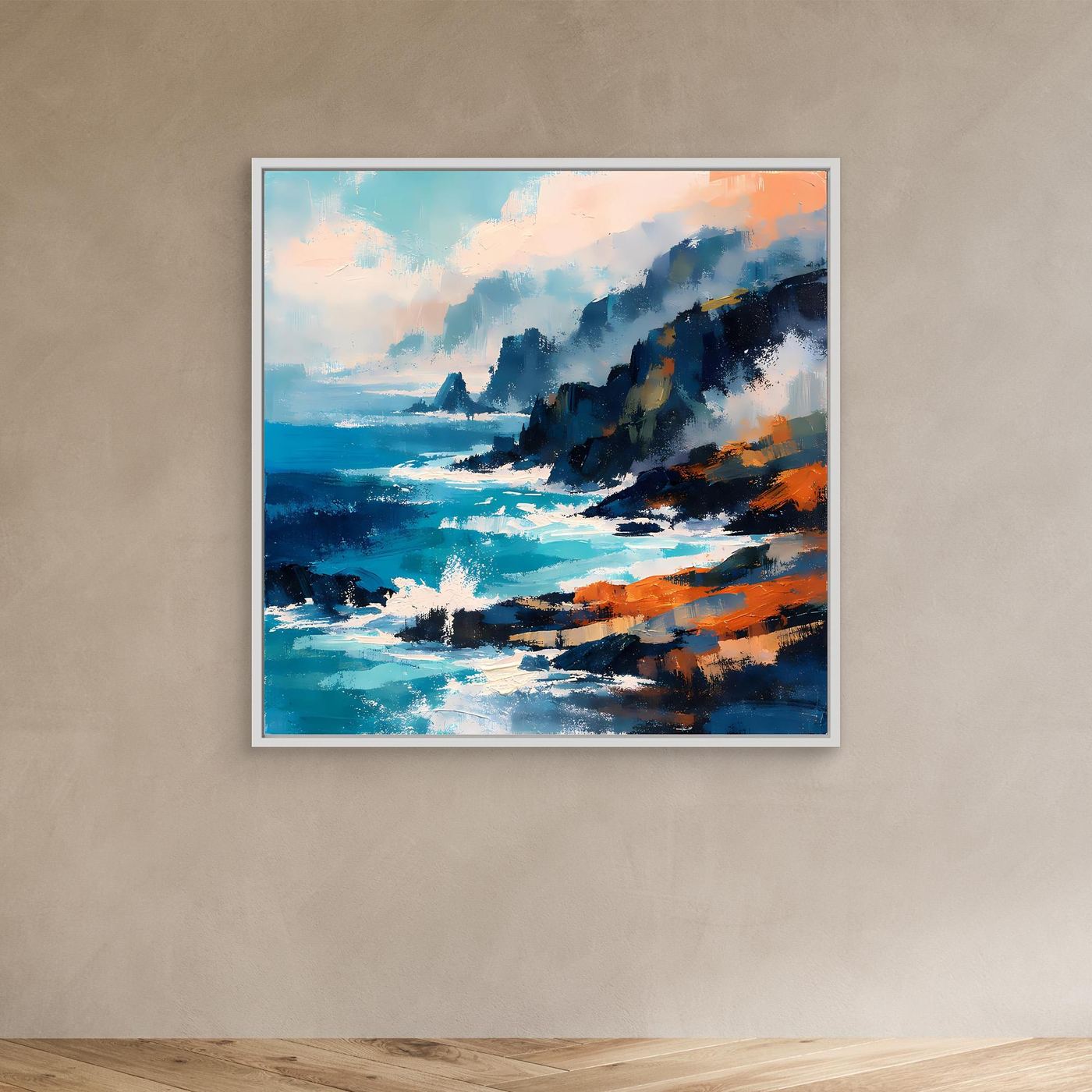 Abstraktes Meeres-Wandbild auf Leinwand im weißen Rahmen mit blauen Wellen und Klippen