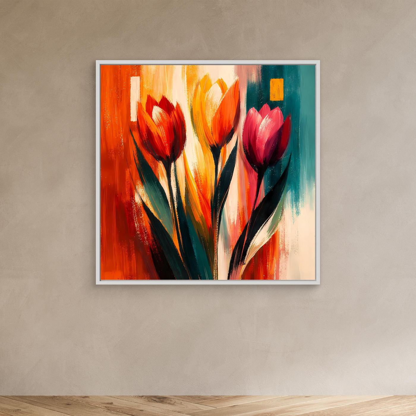 Leinwandbild mit abstrakten Tulpen in bunten Farben, mit silberfarbenem Rahmen