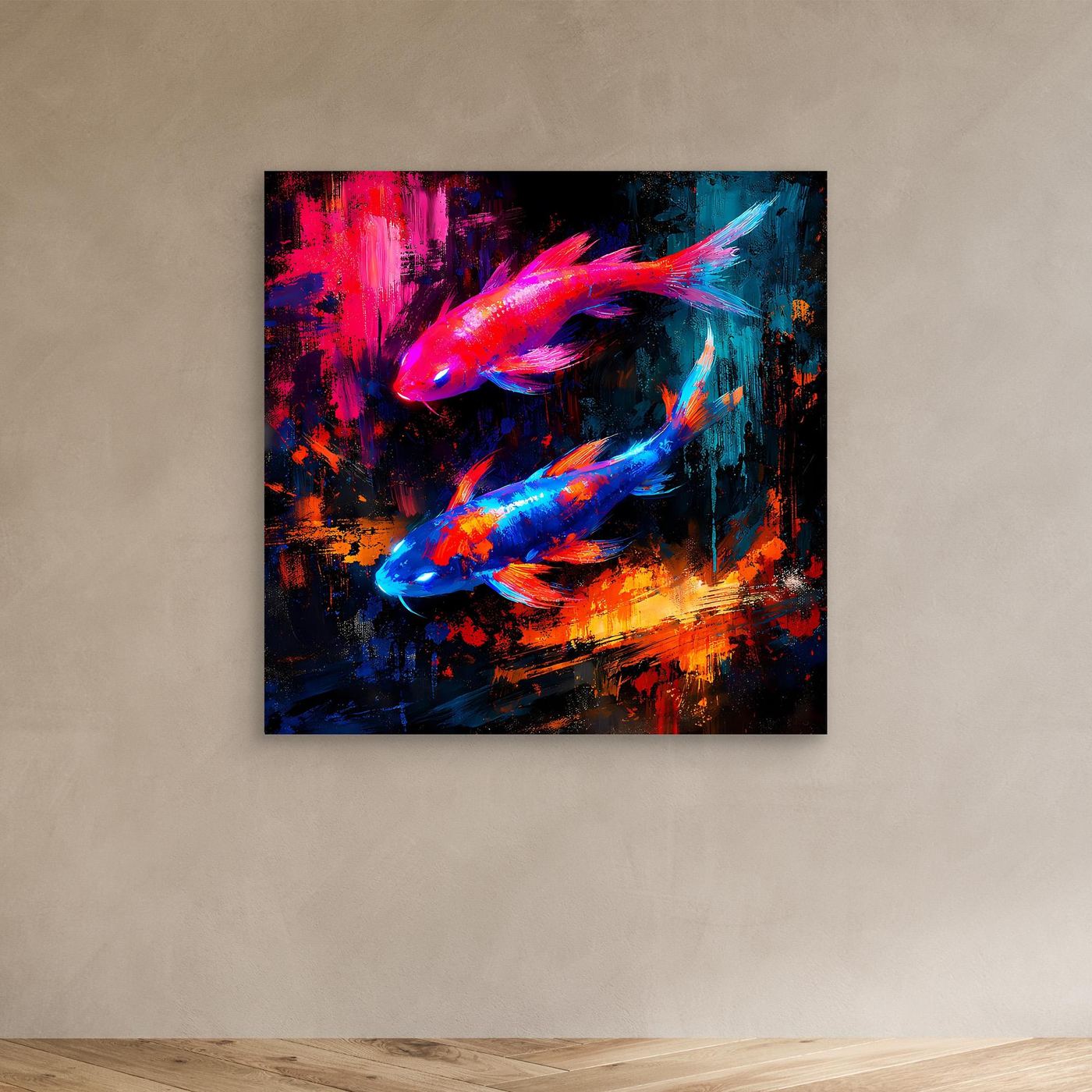 Leinwandbild mit leuchtenden Koi-Fischen in Pink-Blau auf abstraktem Yin-Yang-Design