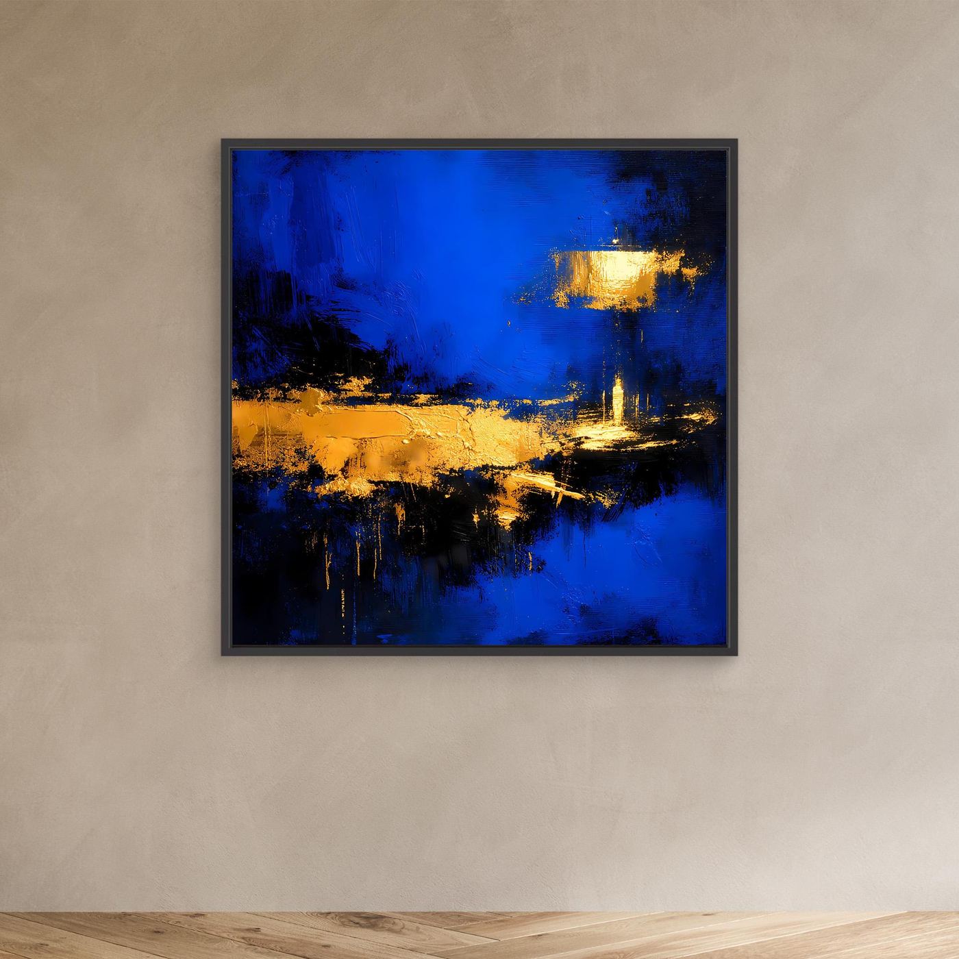 Leinwand Abstrakte Meereslandschaft bei Nacht | Modernes Küsten Wandbild in Blau und Gold