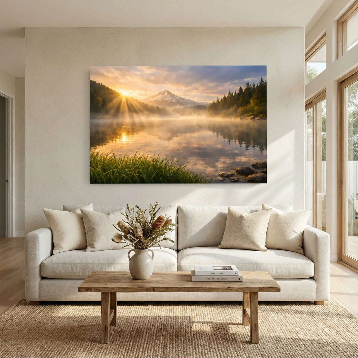 Querformatiges Poster mit Bergsee, Nebelschwaden und Bergsilhouette bei goldenem Licht
