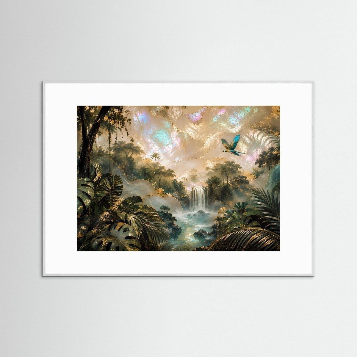 Tropenwald-Poster querformat mit Wasserfall und Papagei, weißer Rahmen