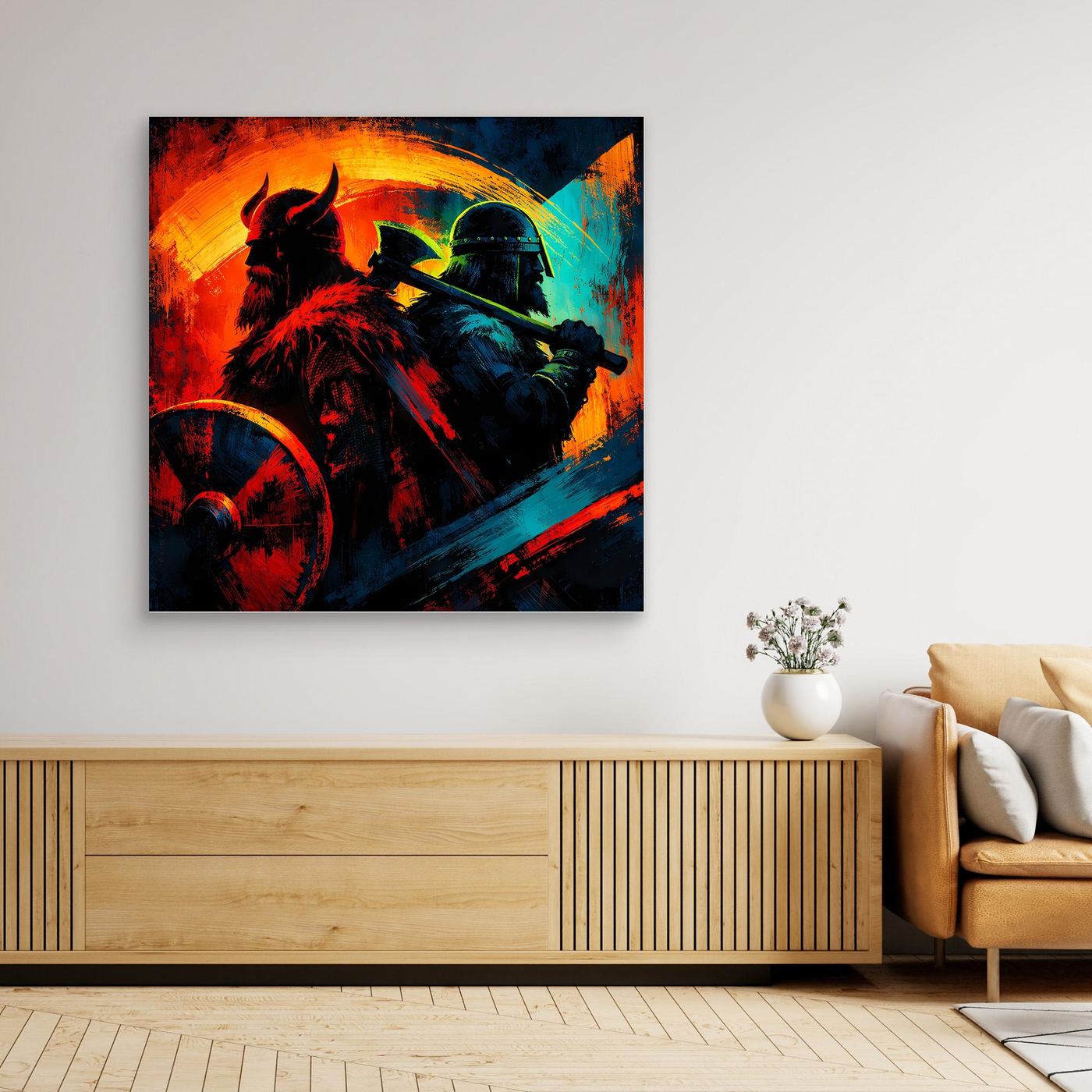 Wandbild mit Wikingerkrieger, rechteckig, dunkler Rahmen, leuchtende Farben