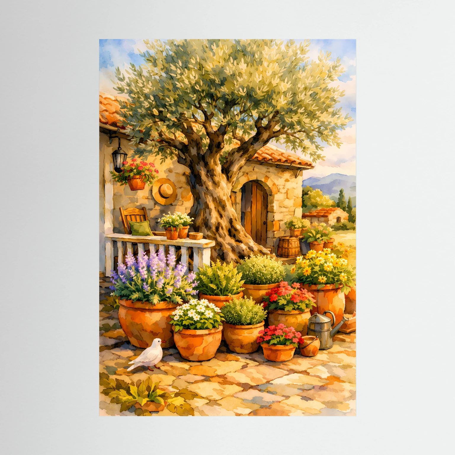 Hochformat-Poster ohne Rahmen mit Olivenbaum, Blumentöpfen, Lavendel und Vogel