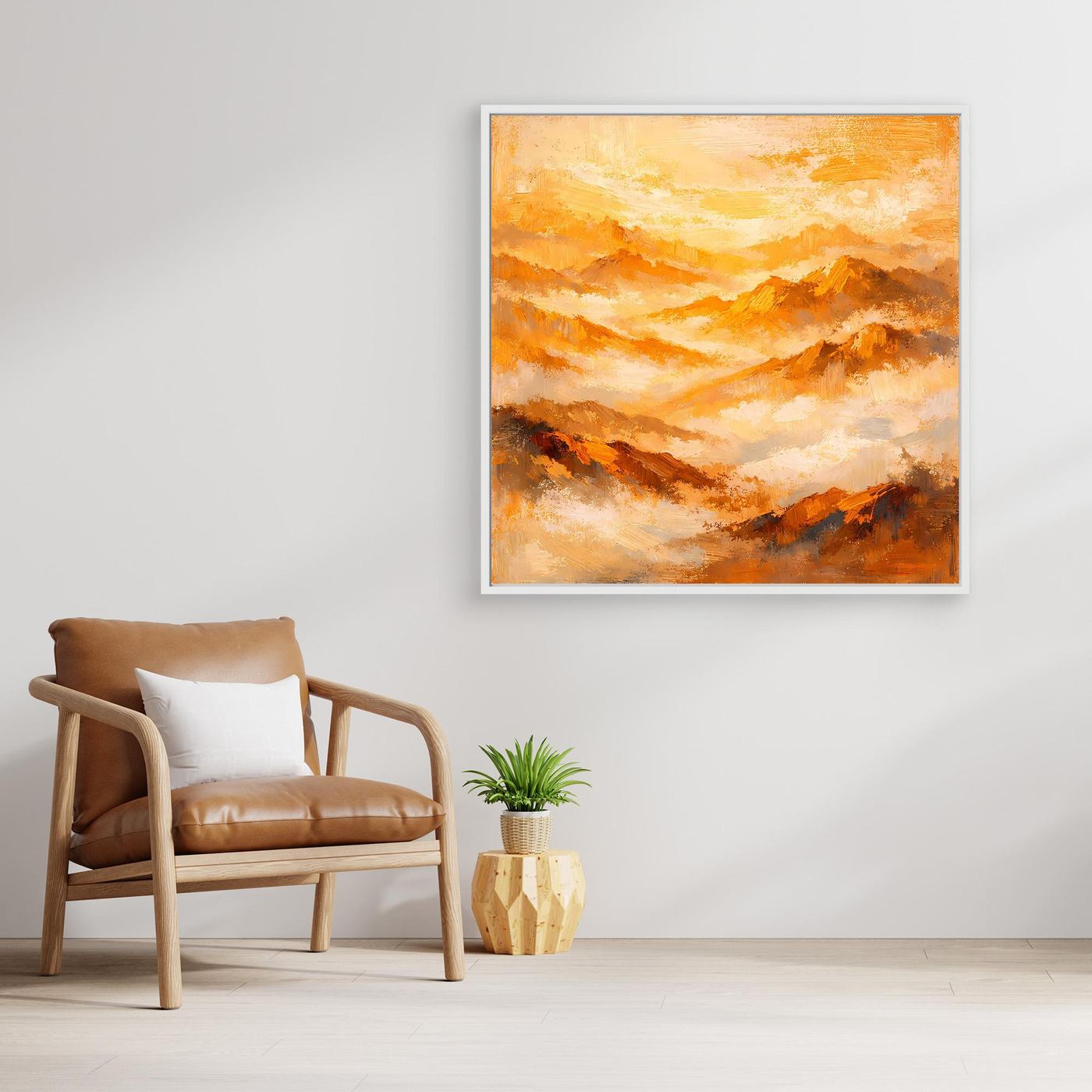 Quadratisches Leinwand-Wandbild mit abstrakten Berglandschaften in Gold- und Orangetönen