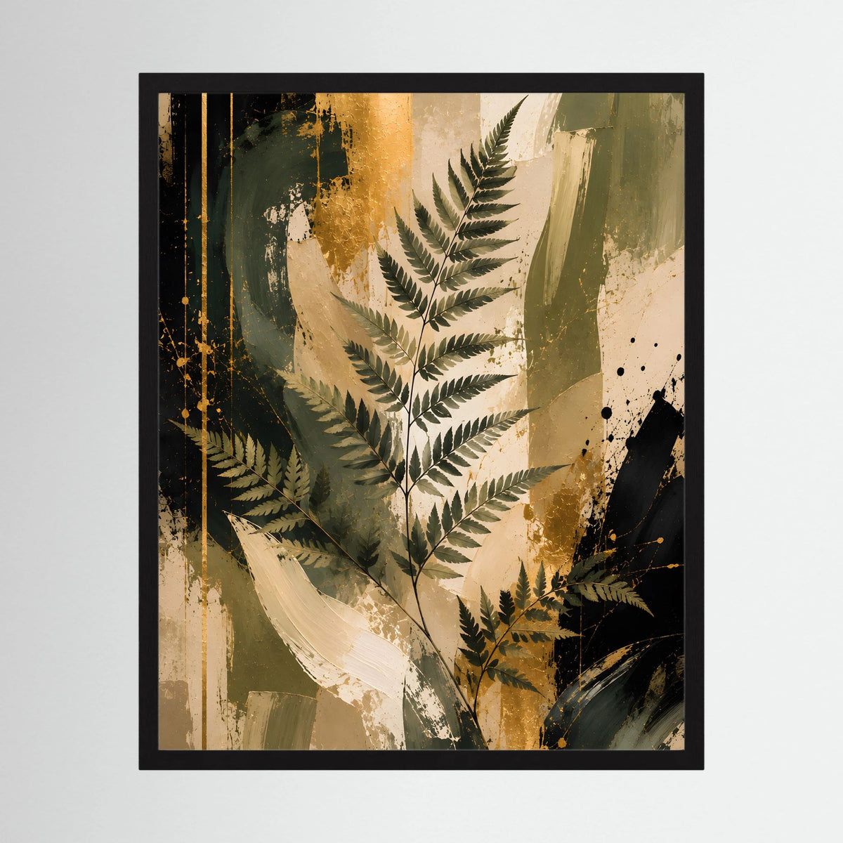 Gerahmtes Kunstposter mit abstrakten Farnblättern in Grün und Gold, Hochformat