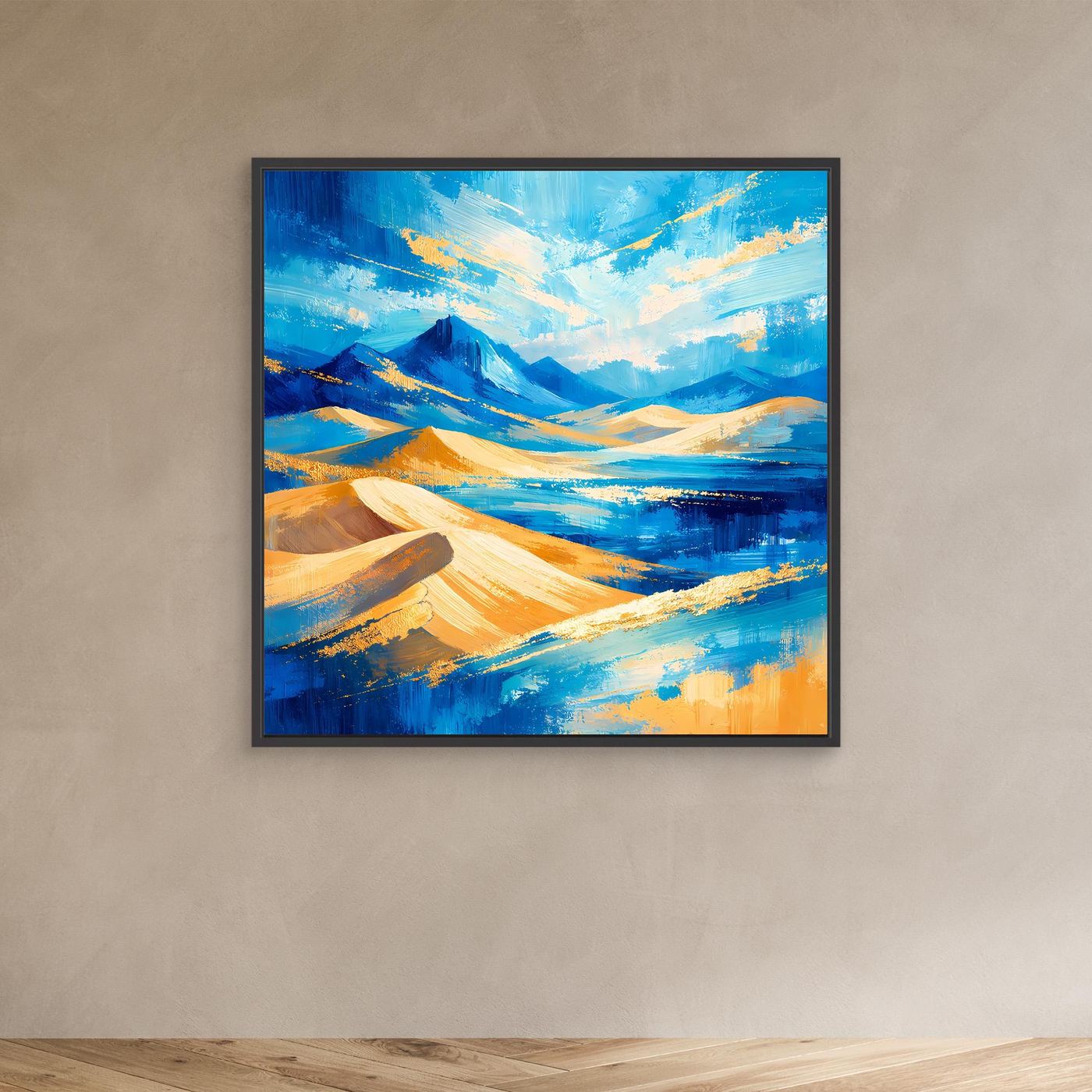 Leinwandbild abstrakte Berglandschaft mit Dünen, Blau, Gold und Gelb, schwarzer Rahmen