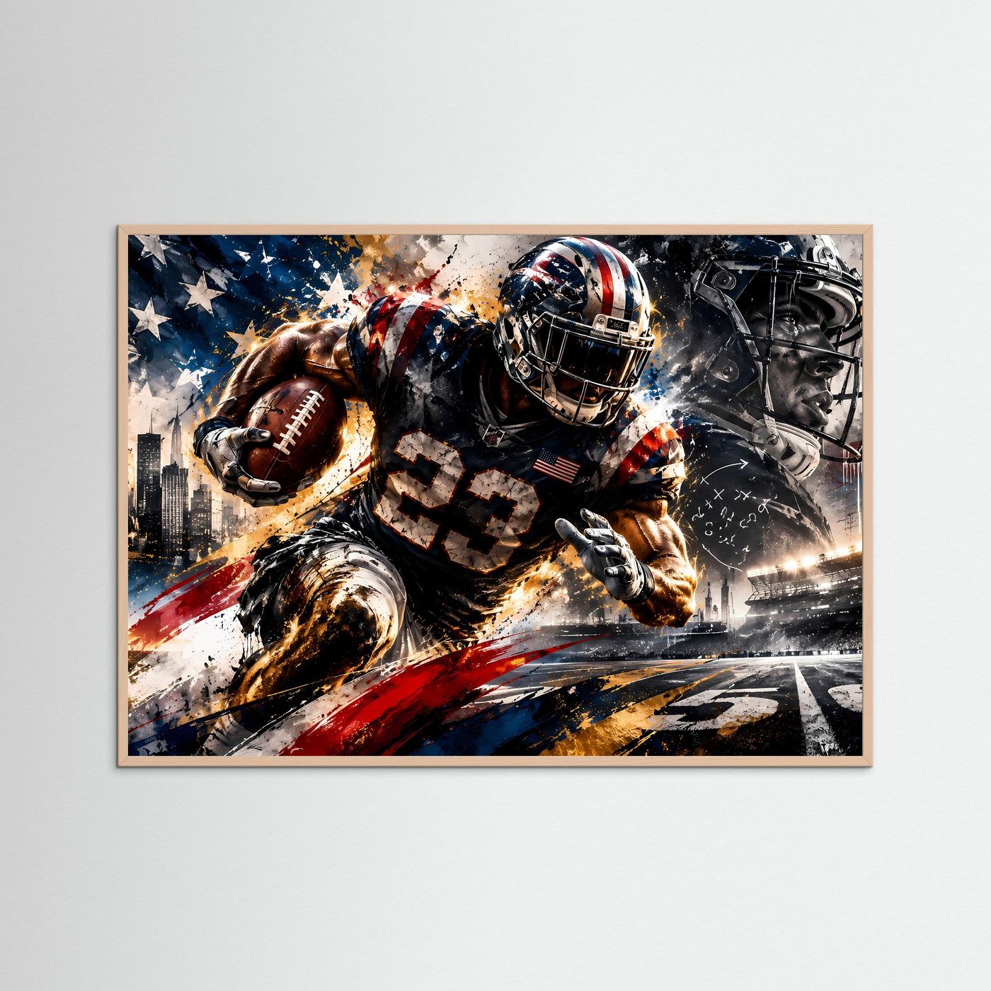 Gerahmtes Sportposter im Querformat mit Football-Spieler und Kraftpose