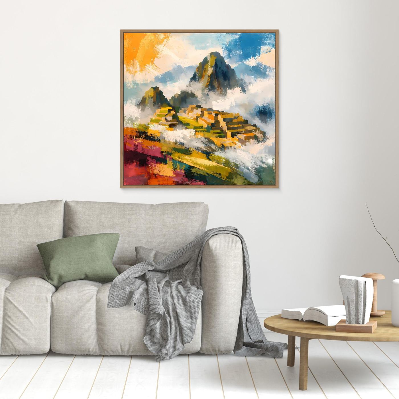 Abstraktes Wandbild mit bunten Pinselstrichen und Berglandschaft, im braunen Rahmen
