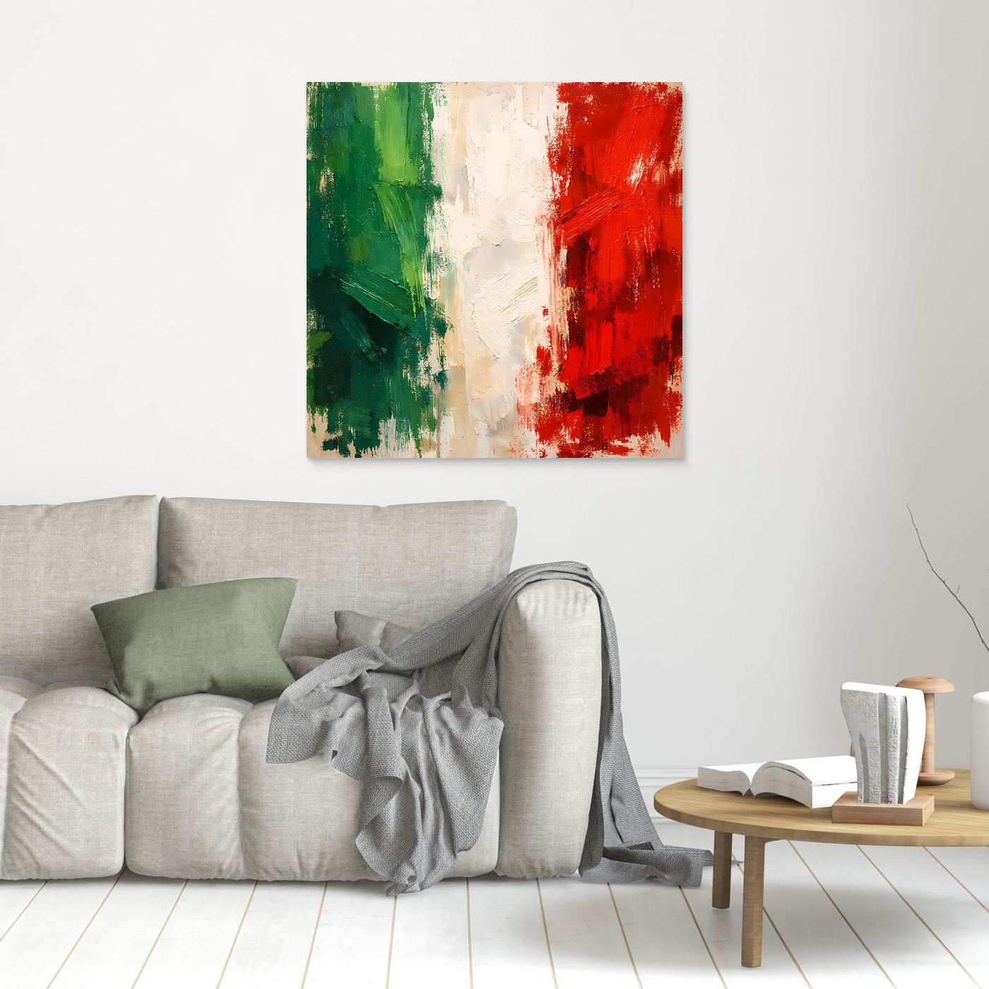 Abstract Italian flag wall canvas without frame, green white and red strokes