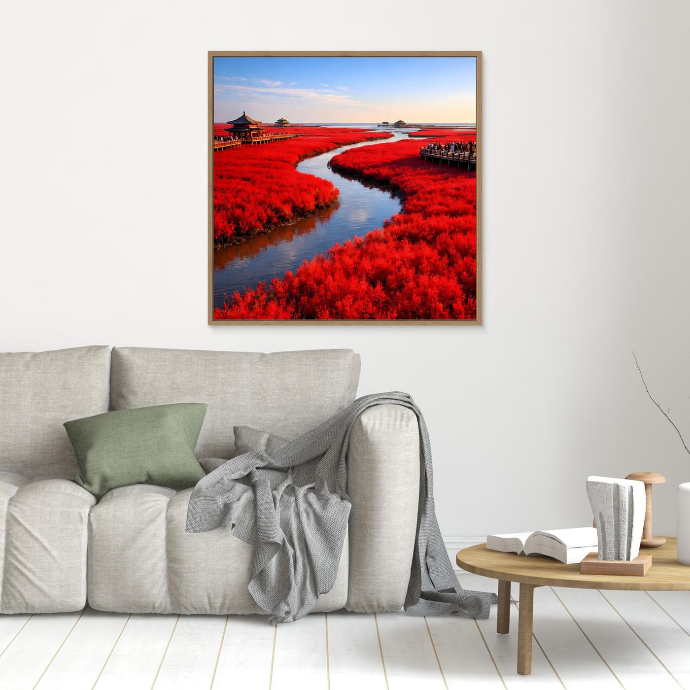 Leinwandbild mit Landschaftsmotiv: roter Pflanzenstreifen und Fluss, goldfarben gerahmt