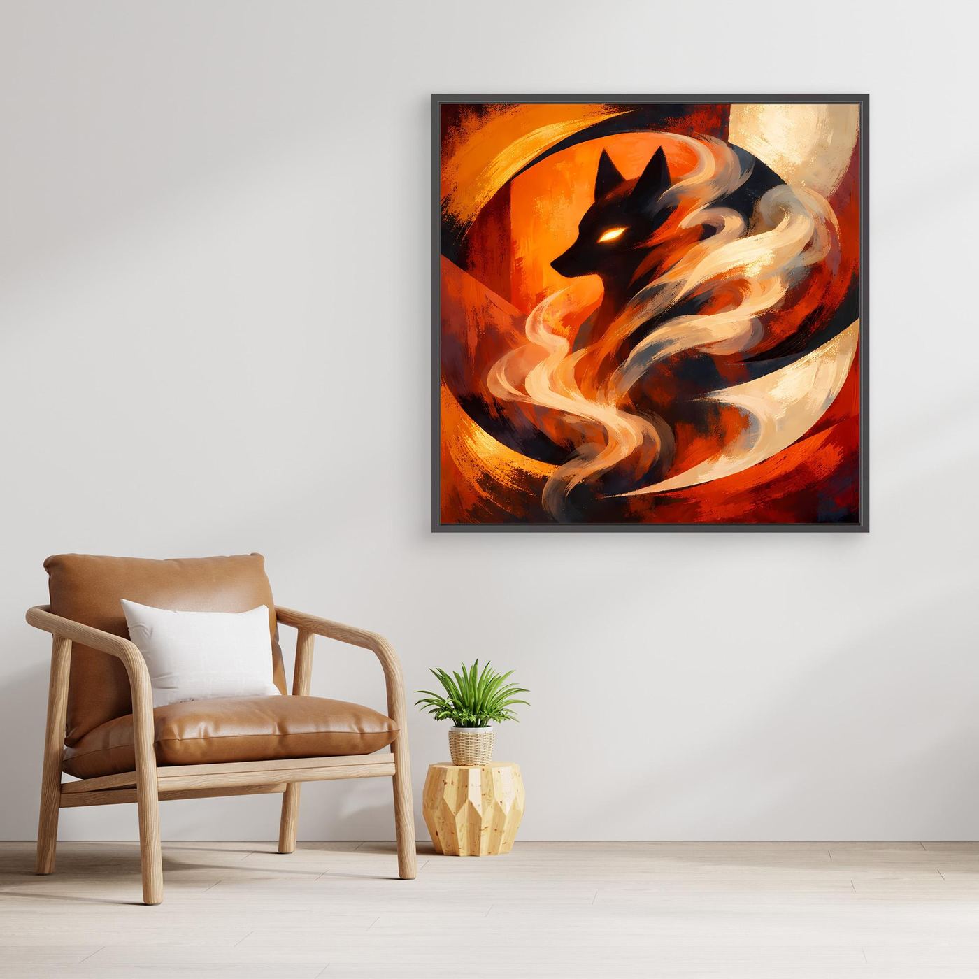 Leinwand-Wandbild mit hellem Holzrahmen: abstrakter Wolf zwischen Flammen und Rauch