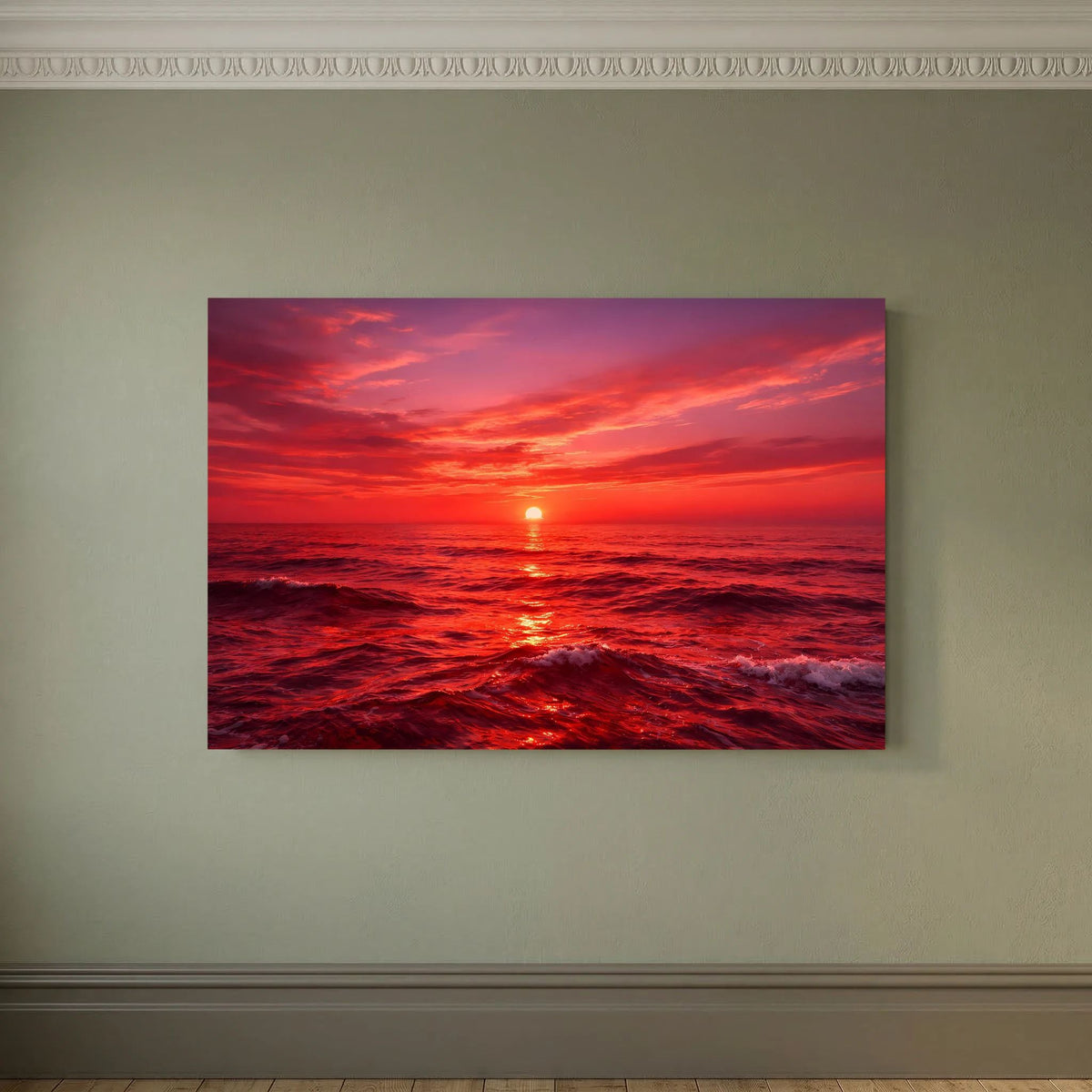 Querformatiges Wandbild mit Sonnenuntergang über dem Meer, rote Wellen und Sonne im Zentrum