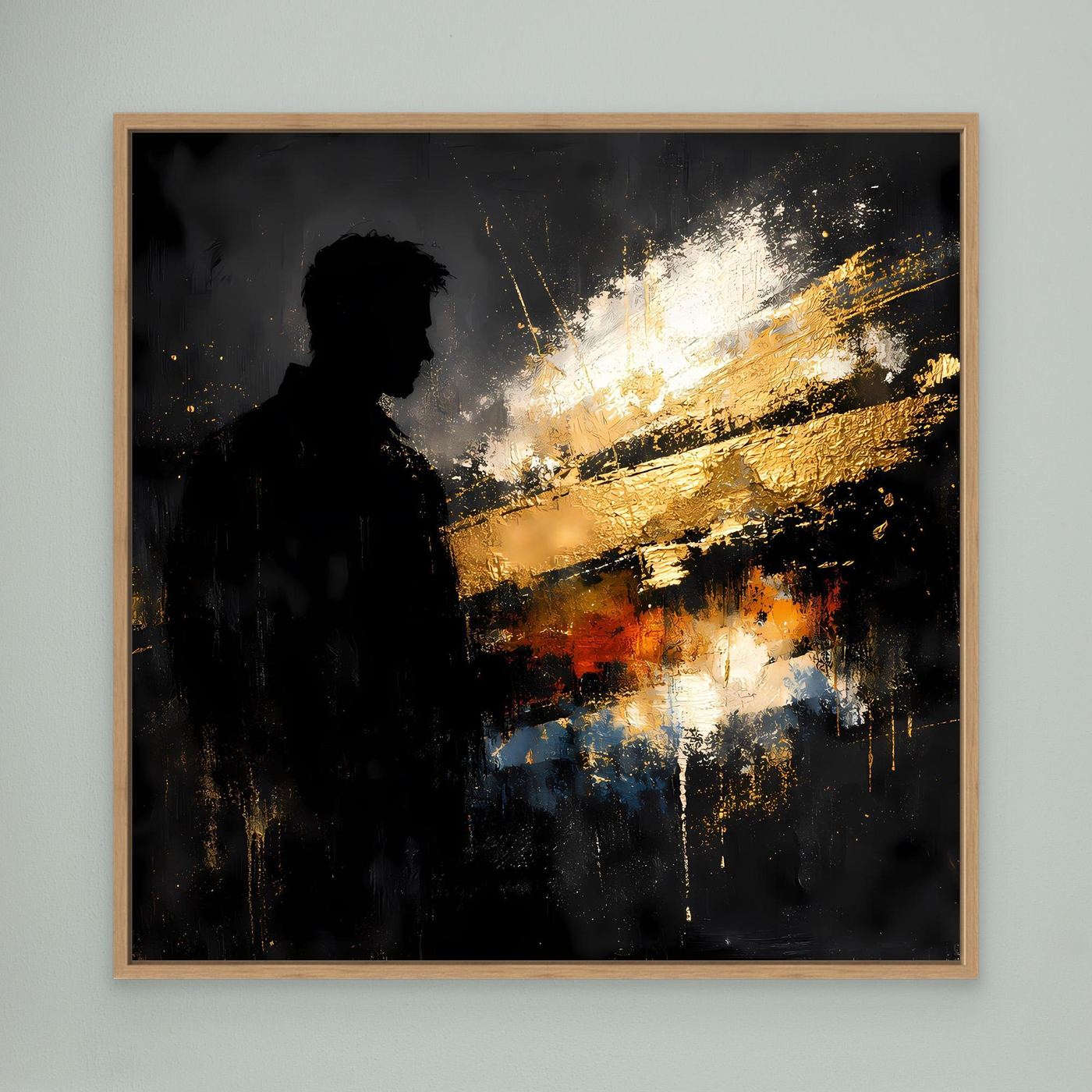 Leinwand Markante Silhouette in Gold und Schwarz | Modernes Abstraktes Männer Portrait Wandbild