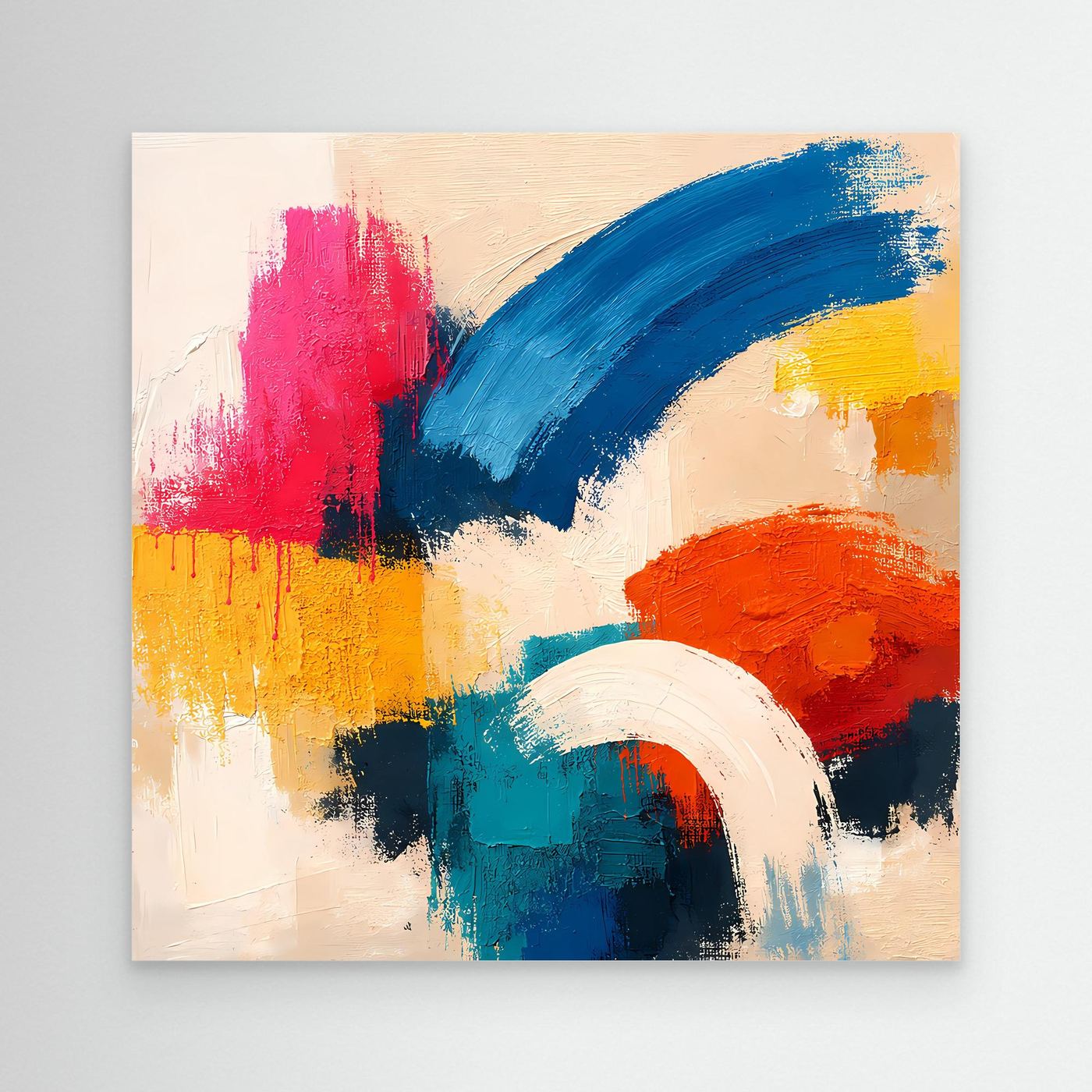 Abstract canvas painting with blue, pink, yellow, orange brush strokes, no frame