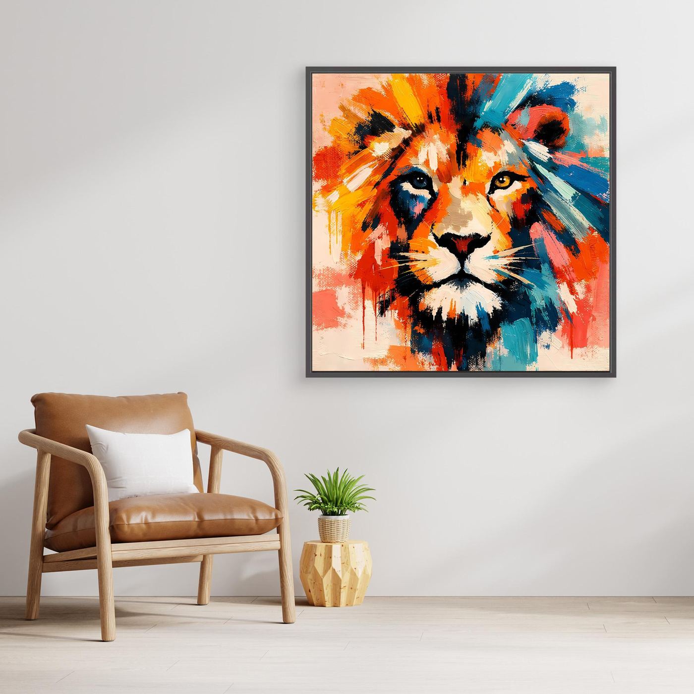 Quadratisches Leinwandbild mit abstraktem Löwenkopf, orange und blau, mit schwarzem Rahmen
