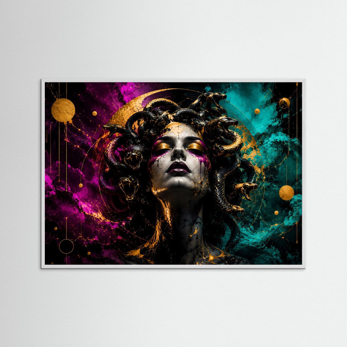 Medusa in Magenta & Türkis | Mystische Schlangenkunst mit Gold