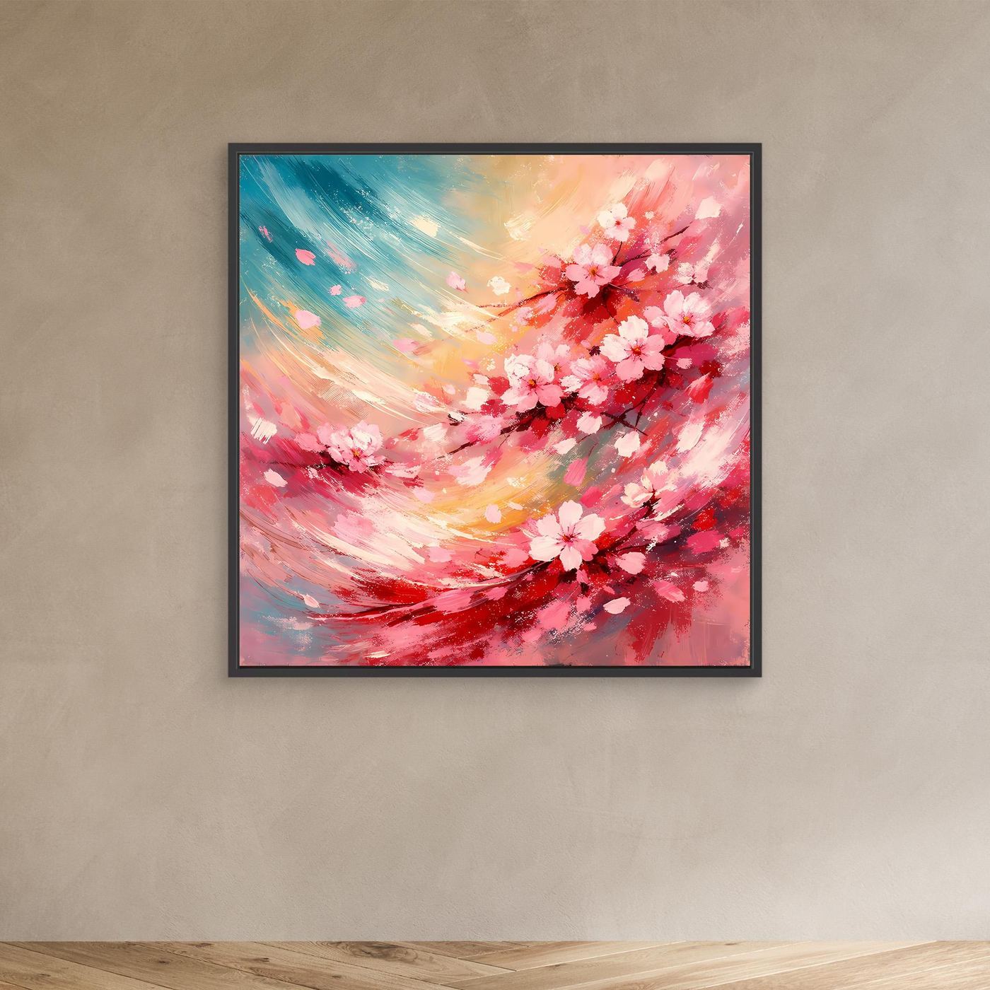 Leinwandbild mit abstrakten Kirschblüten in Rosa und Türkis, schwarzer Rahmen