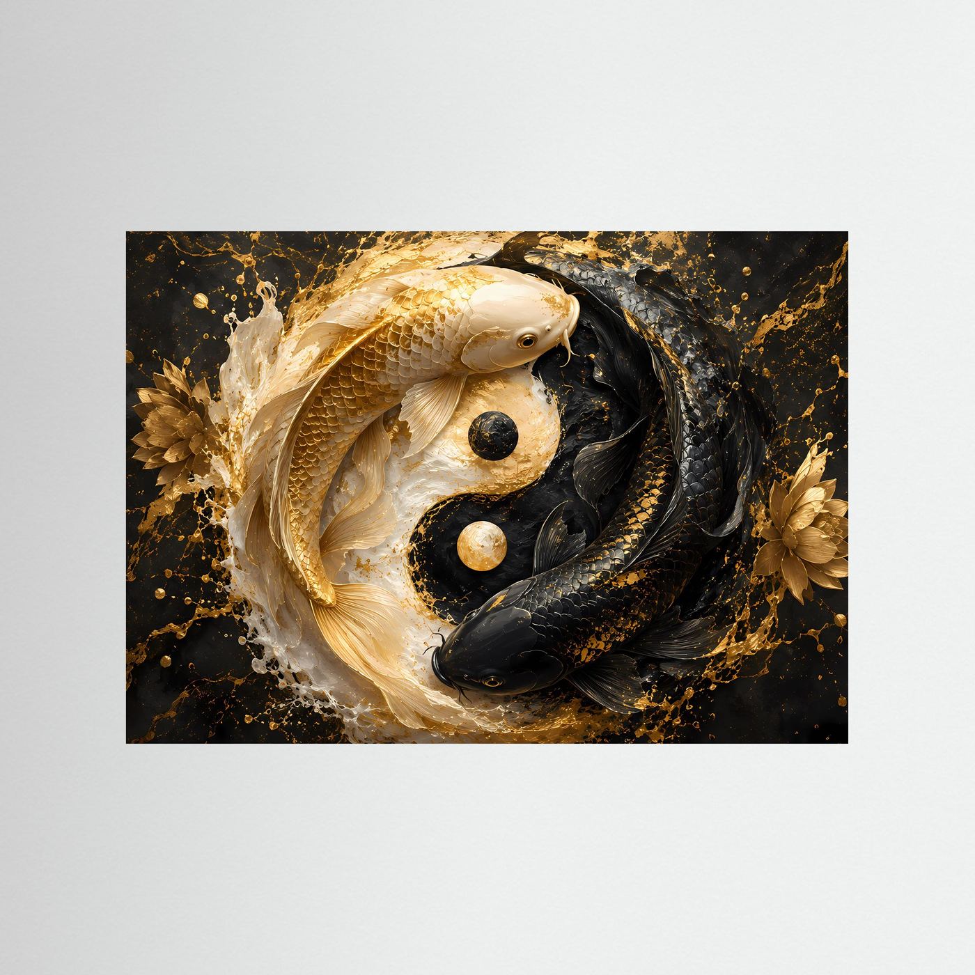 Yin Yang Koi Poster | Goldene und Schwarze Koi Fische Wandkunst | Luxuriöses Feng Shui Wandbild | Abstrakte Zen Kunst | Premium Wall Art