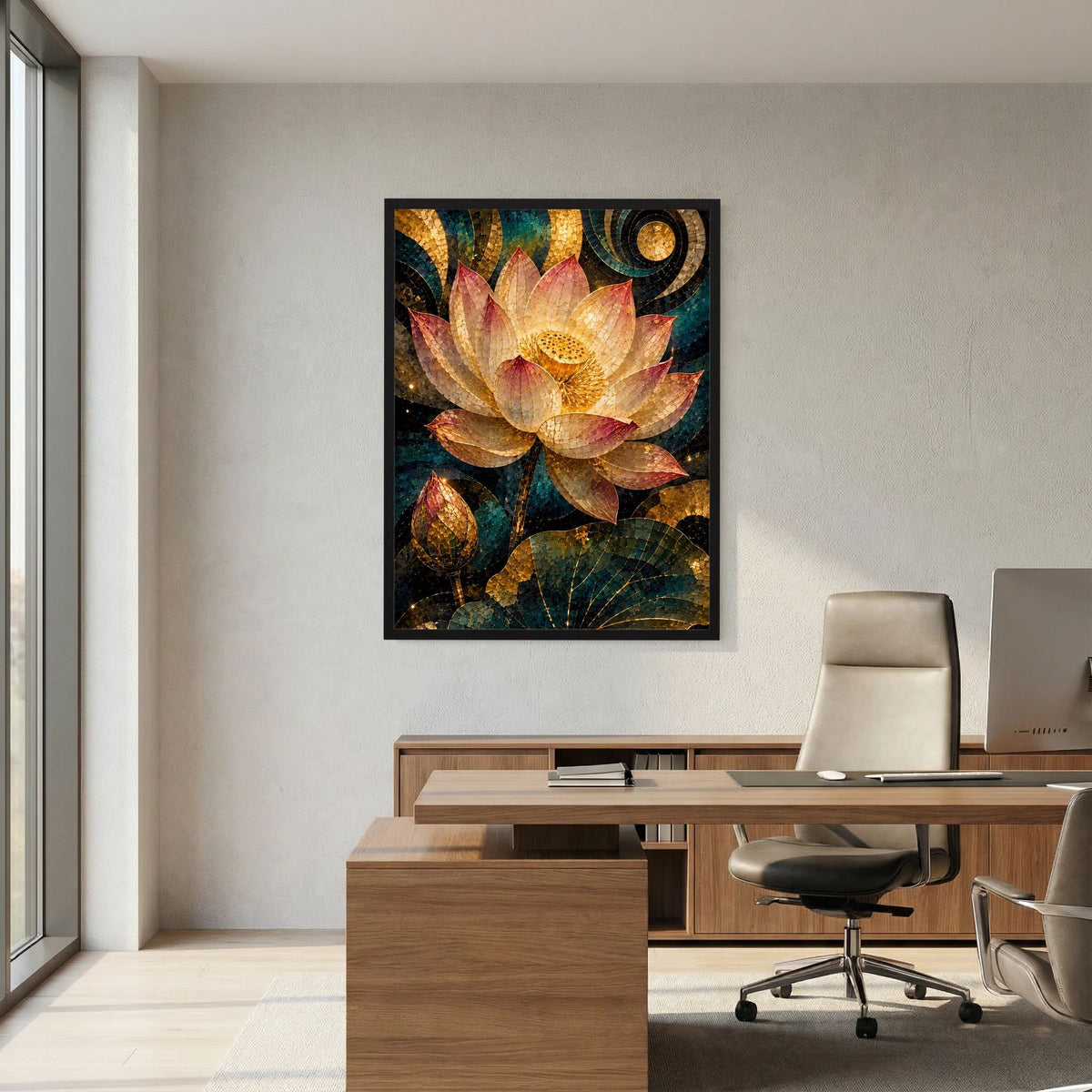 Detailreiches Poster mit Lotusblüte im Mosaikstil, gold-rosa Blüten, schwarzer Rahmen