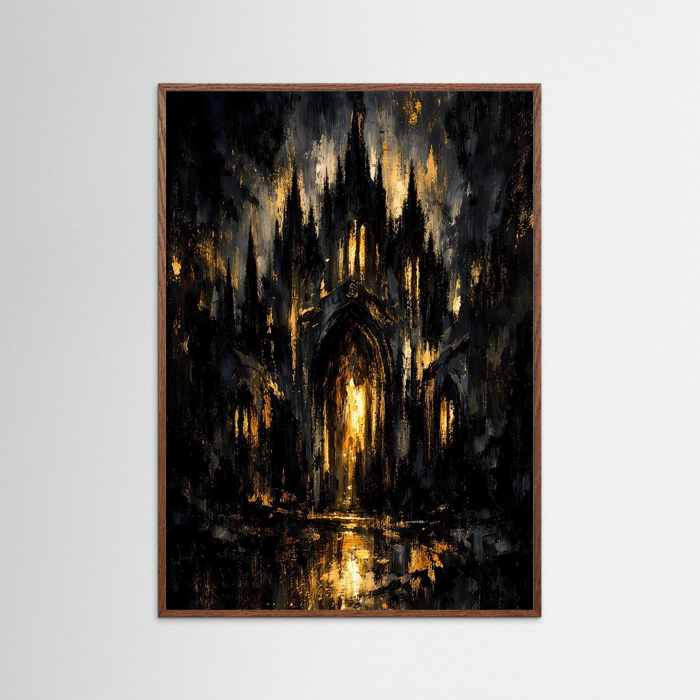 Kathedralenposter im Hochformat in dunklem Holzrahmen: goldene Lichter und Torbogen