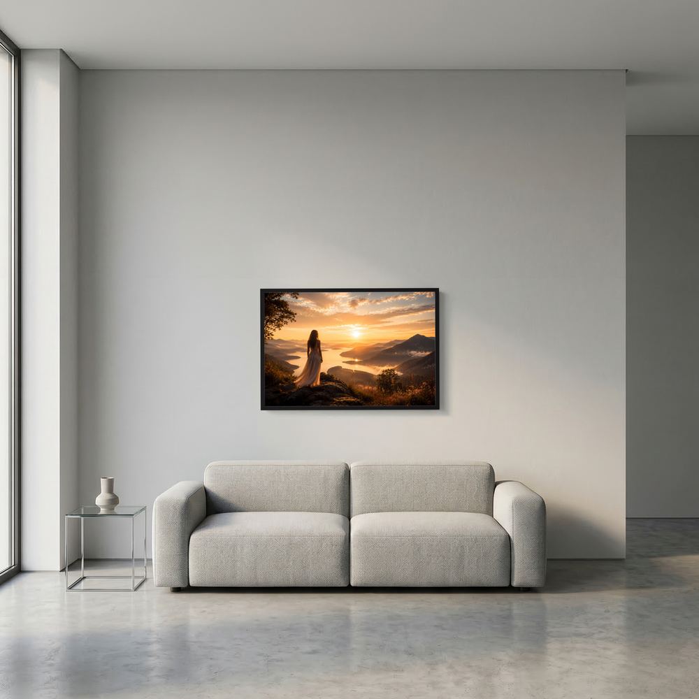 Wandposter im Querformat mit Frau am Felsen bei Sonnenuntergang über See und Bergen