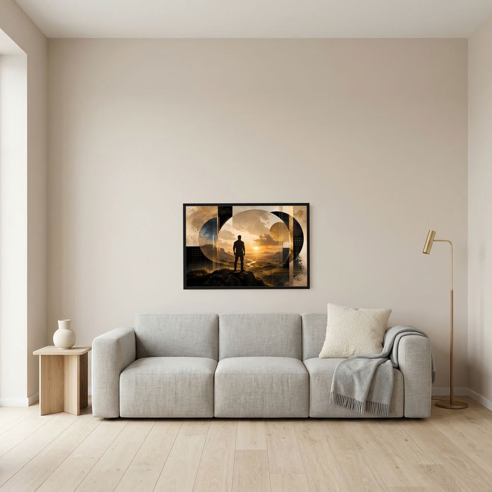 Kleines gerahmtes Poster mit Silhouette eines Mannes vor goldener Sonnenuntergangslandschaft