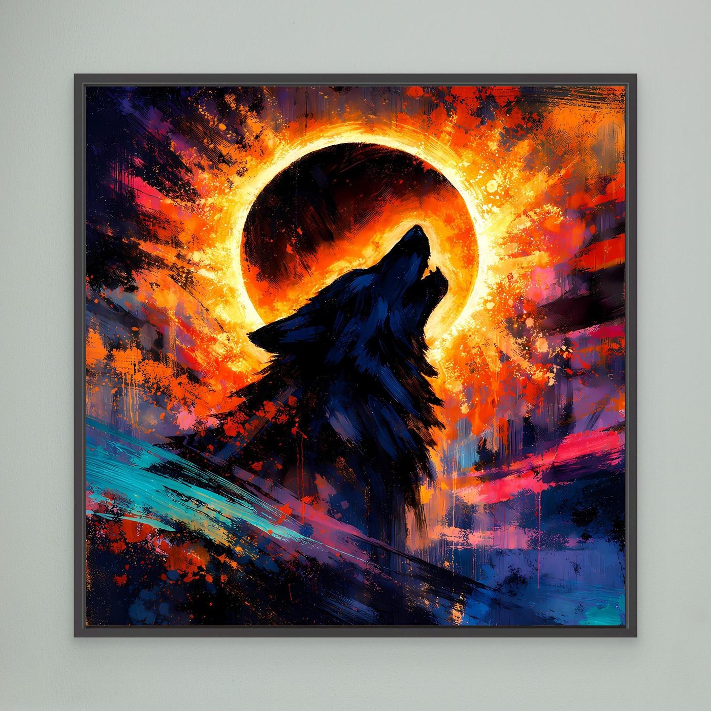 Gerahmtes Leinwand-Wandbild mit dunklem Rahmen: heulender Wolf im Sonnenfinsternis-Ring