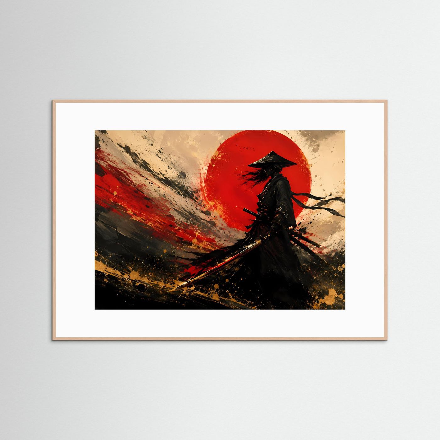 Samurai vor der Roten Sonne | Abstrakte Japanische Wandkunst in Schwarz, Gold & Rot