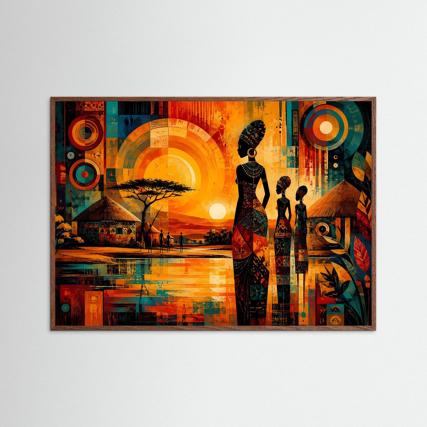 Afrikanische Frauen im Sonnenuntergang | Modernes Wandbild mit Ethno-Art & Landschaft